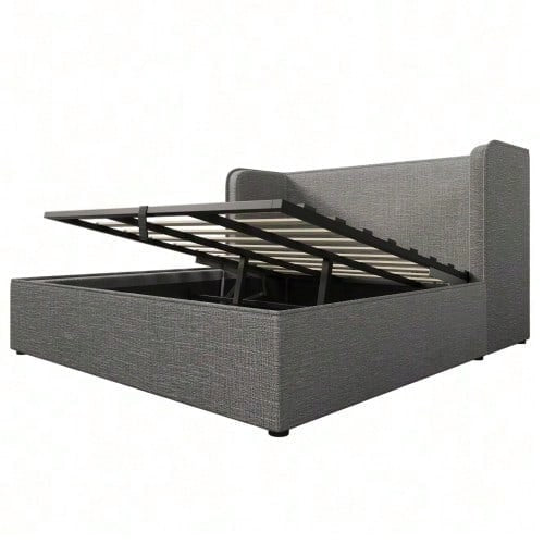 Polsterbett 180*200, Doppelbett Hydraulisch Stauraumbett mit Breite Seitenlehn und Abnehmbarer Bettrahmenbezug, Bettgestell mit Lattenrost und Stauraum, Leinen, Grau, Ohne Matratze