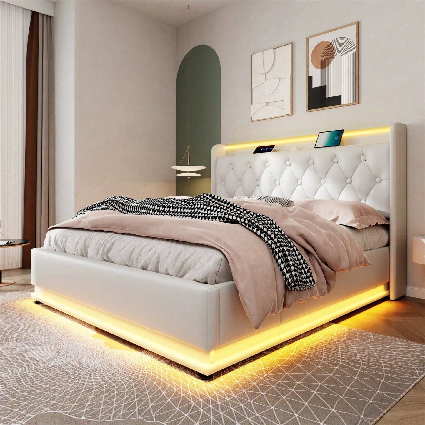 Polsterbett Doppelbett, 360-Surround-LED-Funktion, Drucktaste/App/Fernbedienung,180*200 cm,Grau Leinen-Material Hydraulisches Lagerbett, gepolstertes Kopfteil mit USB Typ-C Ladefunktion(Ohne Matratze)