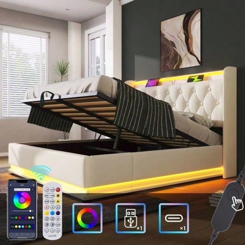Polsterbett Doppelbett, 360-Surround-LED-Funktion, Drucktaste/App/Fernbedienung,180*200 cm,Grau Leinen-Material Hydraulisches Lagerbett, gepolstertes Kopfteil mit USB Typ-C Ladefunktion(Ohne Matratze)