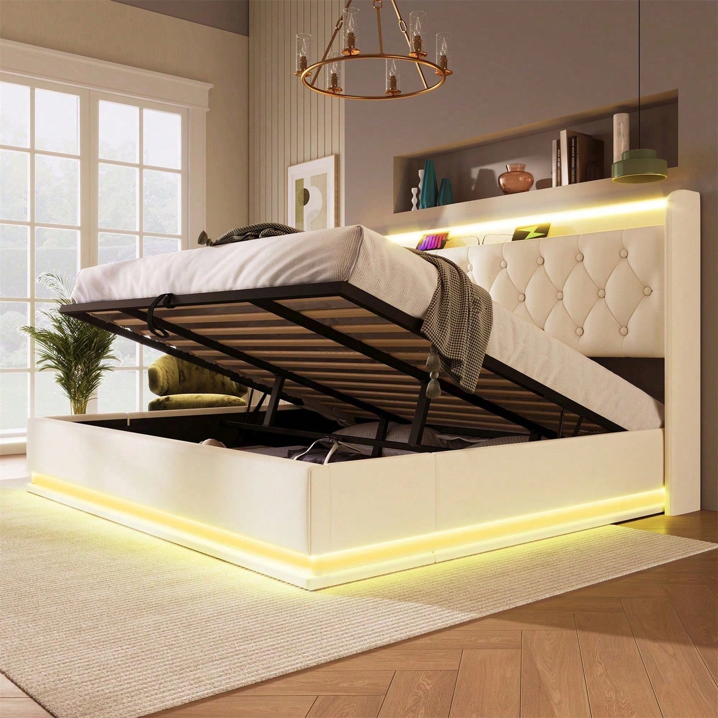 Polsterbett Doppelbett, 360-Surround-LED-Funktion, Drucktaste/App/Fernbedienung,180*200 cm,Grau Leinen-Material Hydraulisches Lagerbett, gepolstertes Kopfteil mit USB Typ-C Ladefunktion(Ohne Matratze)