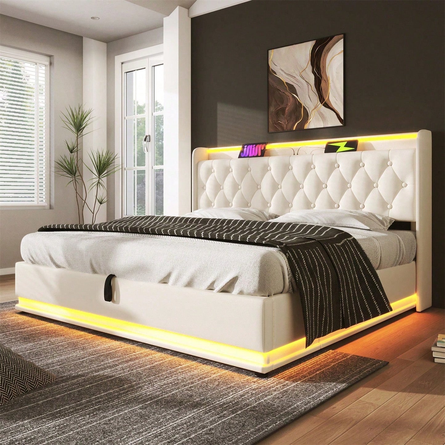Polsterbett Doppelbett, 360-Surround-LED-Funktion, Drucktaste/App/Fernbedienung,180*200 cm,Grau Leinen-Material Hydraulisches Lagerbett, gepolstertes Kopfteil mit USB Typ-C Ladefunktion(Ohne Matratze)