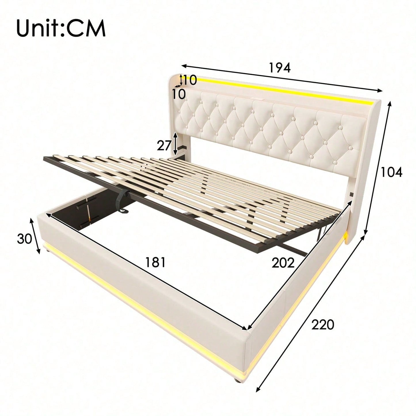 Polsterbett Doppelbett, 360-Surround-LED-Funktion, Drucktaste/App/Fernbedienung,180*200 cm,Grau Leinen-Material Hydraulisches Lagerbett, gepolstertes Kopfteil mit USB Typ-C Ladefunktion(Ohne Matratze)