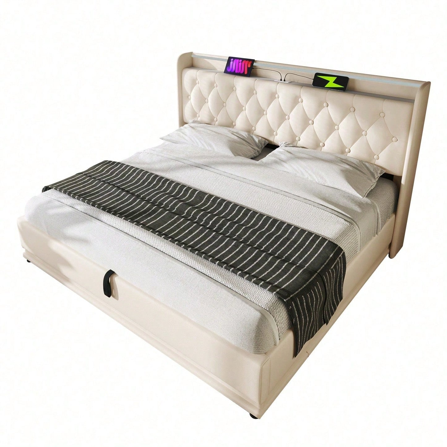 Polsterbett Doppelbett, 360-Surround-LED-Funktion, Drucktaste/App/Fernbedienung,180*200 cm,Grau Leinen-Material Hydraulisches Lagerbett, gepolstertes Kopfteil mit USB Typ-C Ladefunktion(Ohne Matratze)