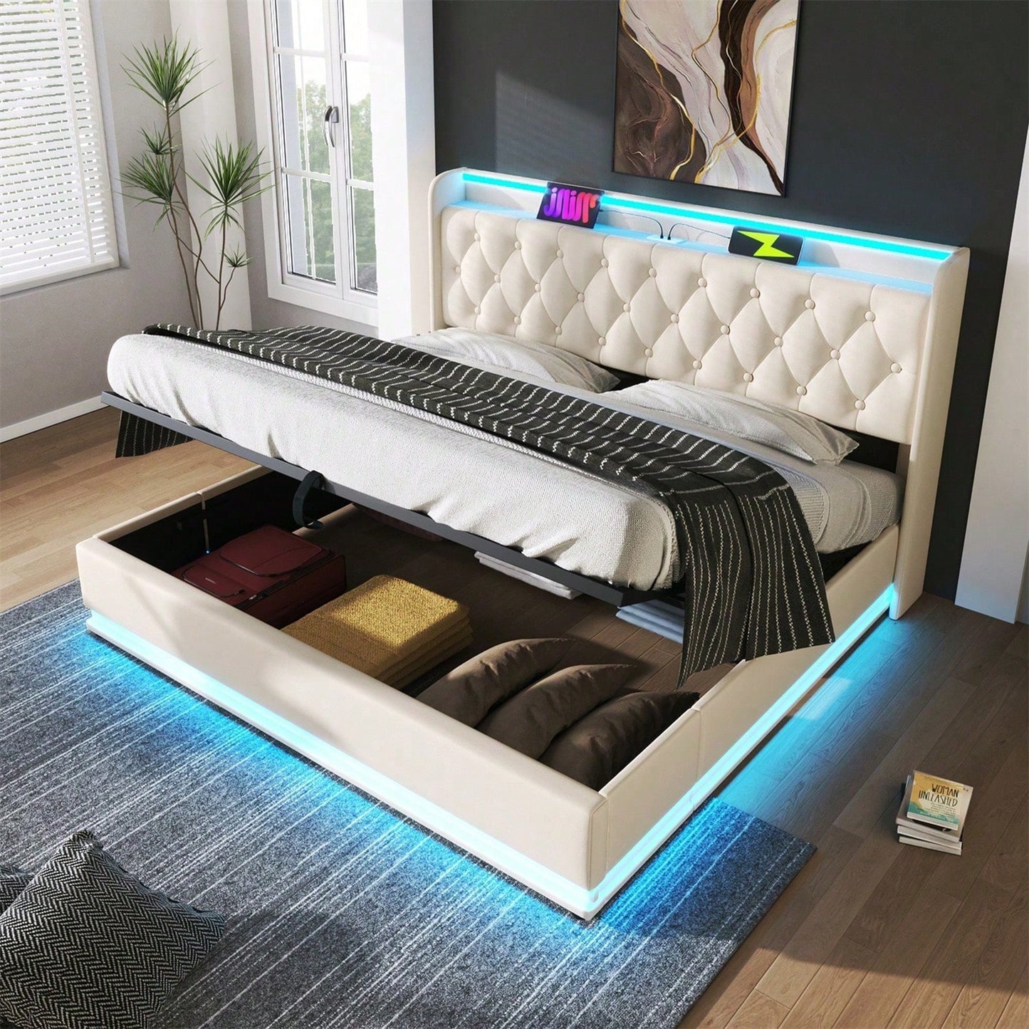 Polsterbett Doppelbett, 360-Surround-LED-Funktion, Drucktaste/App/Fernbedienung,180*200 cm,Grau Leinen-Material Hydraulisches Lagerbett, gepolstertes Kopfteil mit USB Typ-C Ladefunktion(Ohne Matratze)