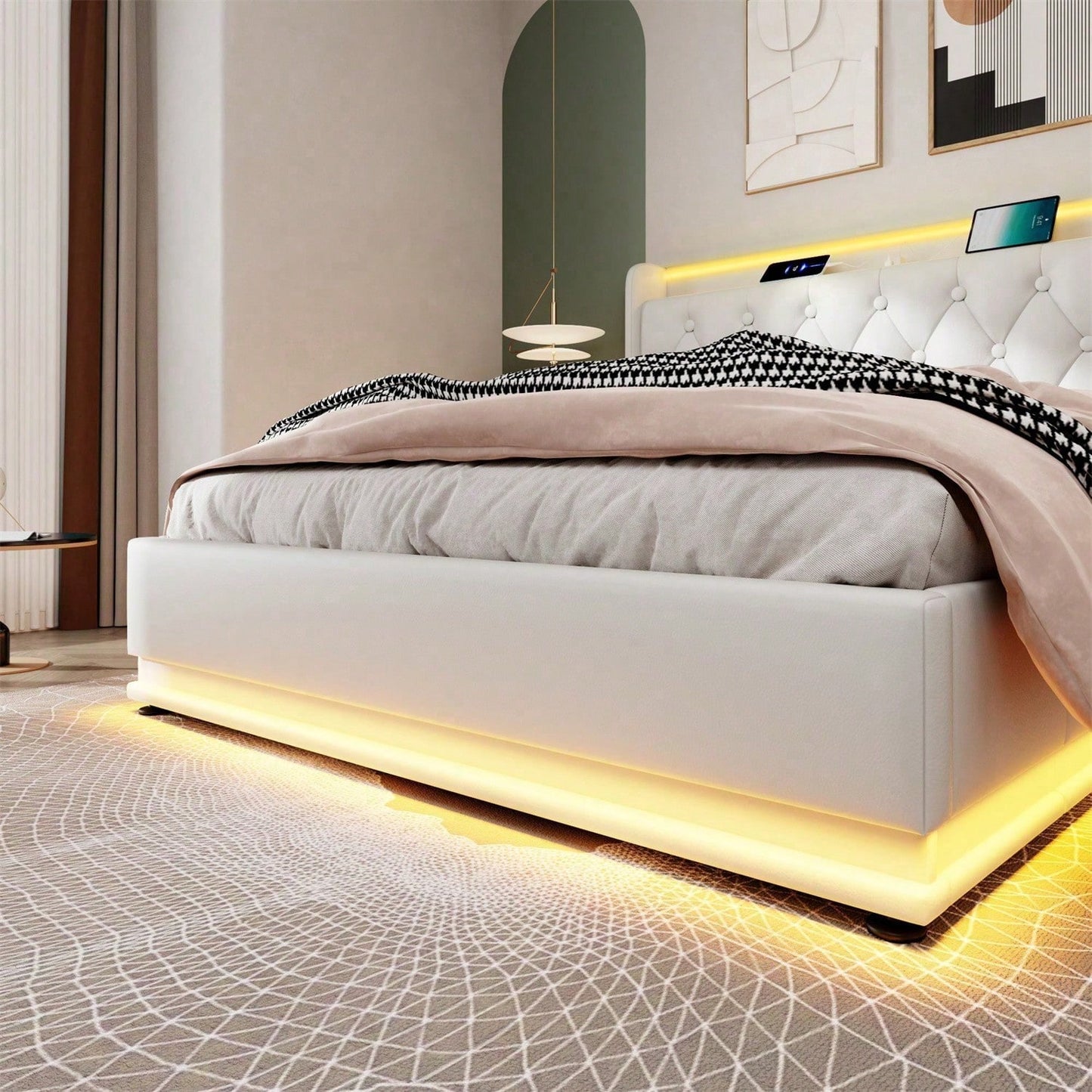 Polsterbett Doppelbett, 360-Surround-LED-Funktion, Drucktaste/App/Fernbedienung,180*200 cm,Grau Leinen-Material Hydraulisches Lagerbett, gepolstertes Kopfteil mit USB Typ-C Ladefunktion(Ohne Matratze)