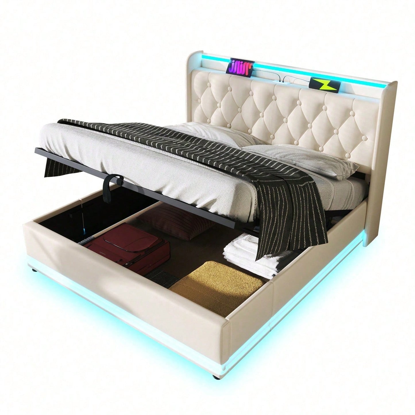 Polsterbett Doppelbett, 360-Surround-LED-Funktion, Drucktaste/App/Fernbedienung,180*200 cm,Grau Leinen-Material Hydraulisches Lagerbett, gepolstertes Kopfteil mit USB Typ-C Ladefunktion(Ohne Matratze)