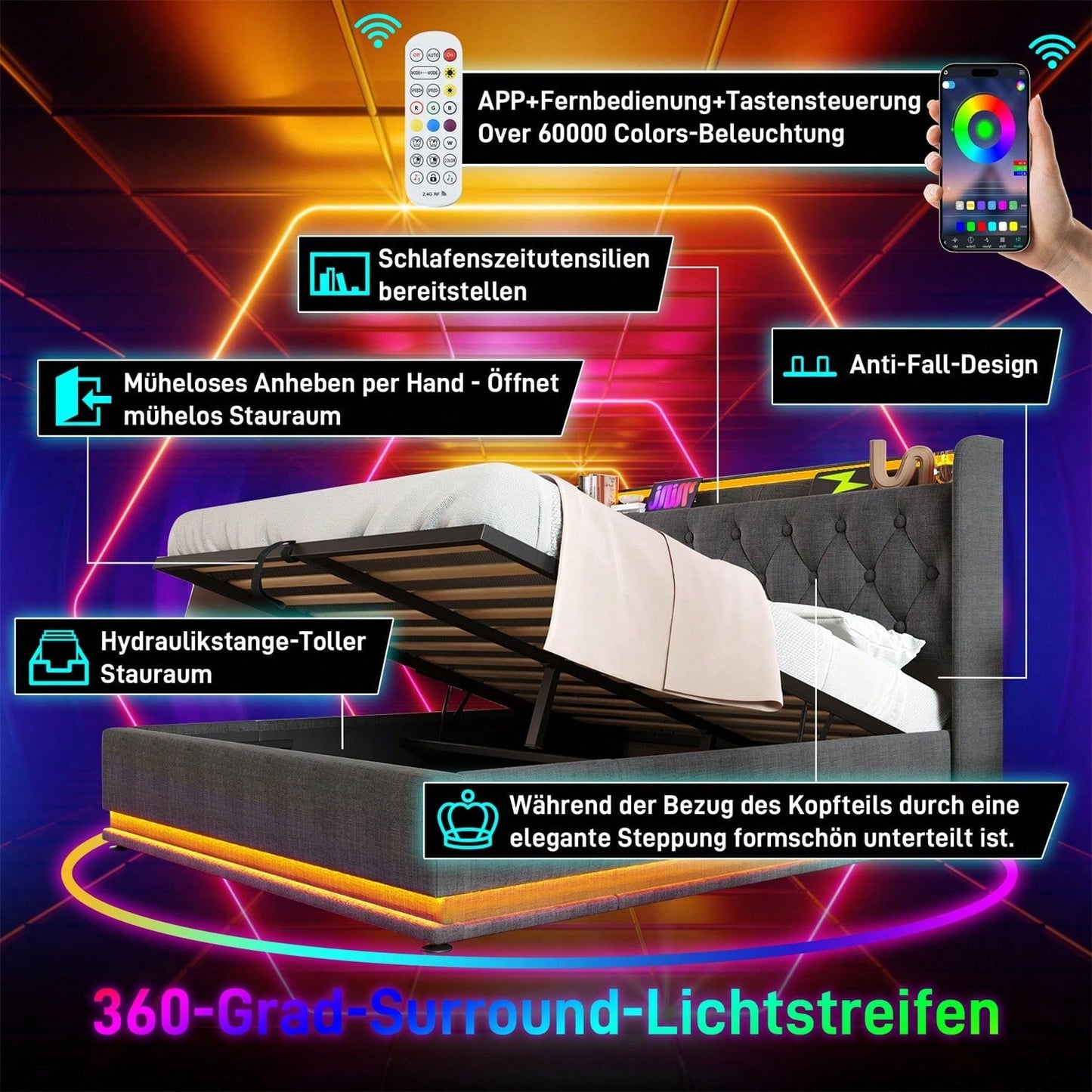Polsterbett Doppelbett, 360-Surround-LED-Funktion, Drucktaste/App/Fernbedienung,180*200 cm,Grau Leinen-Material Hydraulisches Lagerbett, gepolstertes Kopfteil mit USB Typ-C Ladefunktion(Ohne Matratze)