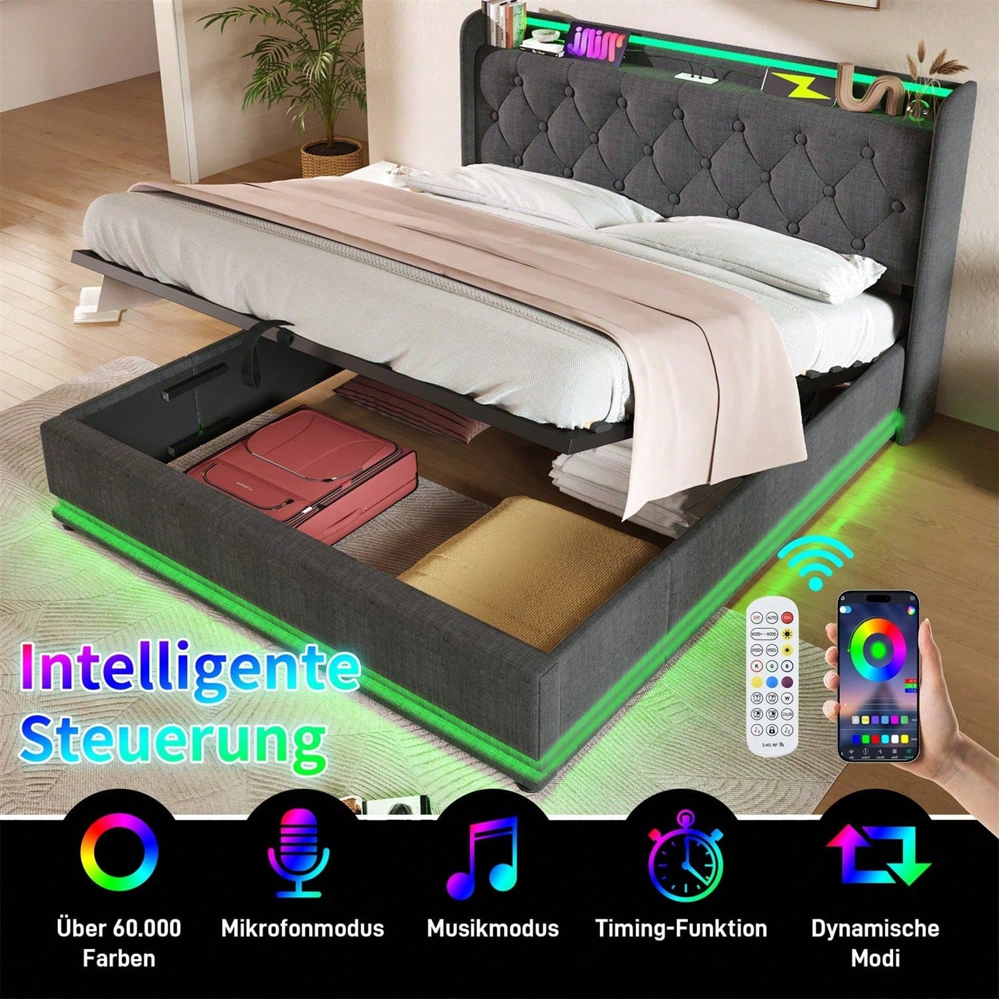 Polsterbett Doppelbett, 360-Surround-LED-Funktion, Drucktaste/App/Fernbedienung,180*200 cm,Grau Leinen-Material Hydraulisches Lagerbett, gepolstertes Kopfteil mit USB Typ-C Ladefunktion(Ohne Matratze)