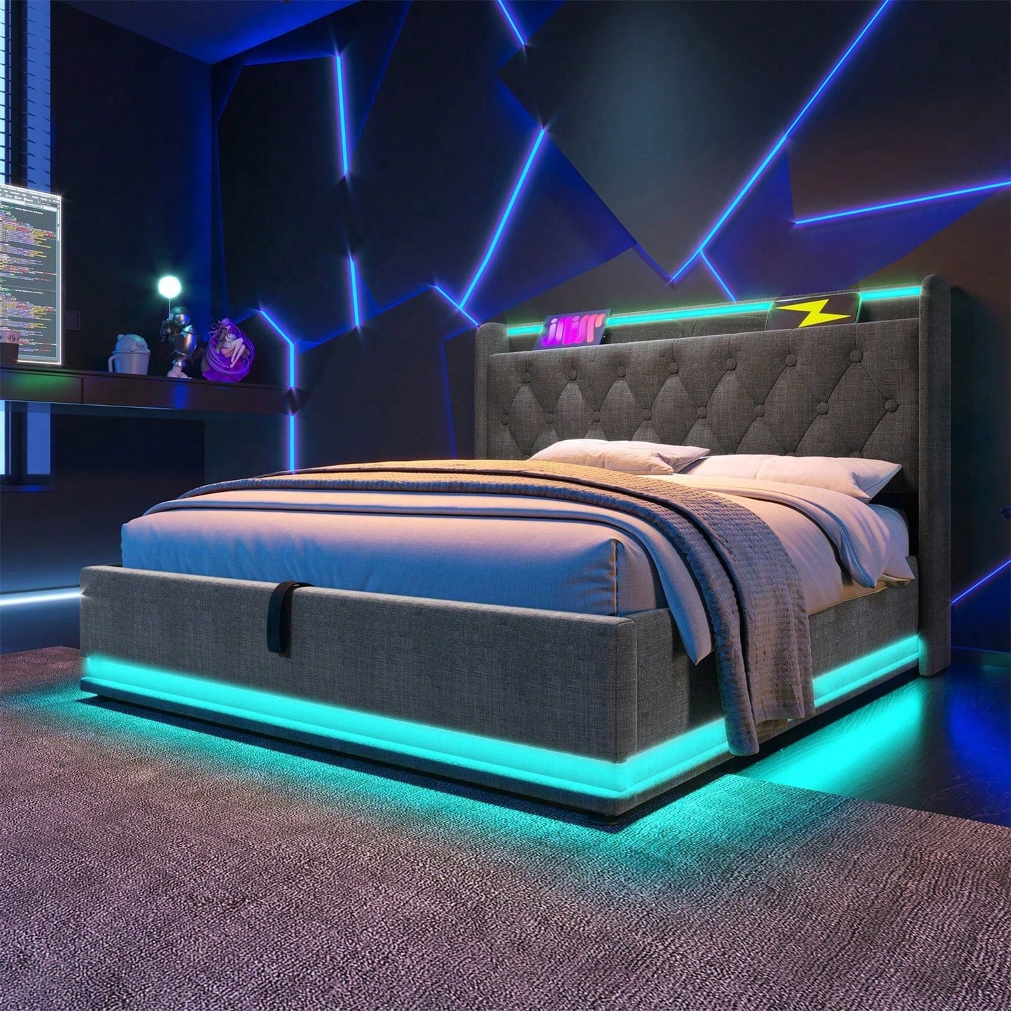 Polsterbett Doppelbett, 360-Surround-LED-Funktion, Drucktaste/App/Fernbedienung,180*200 cm,Grau Leinen-Material Hydraulisches Lagerbett, gepolstertes Kopfteil mit USB Typ-C Ladefunktion(Ohne Matratze)