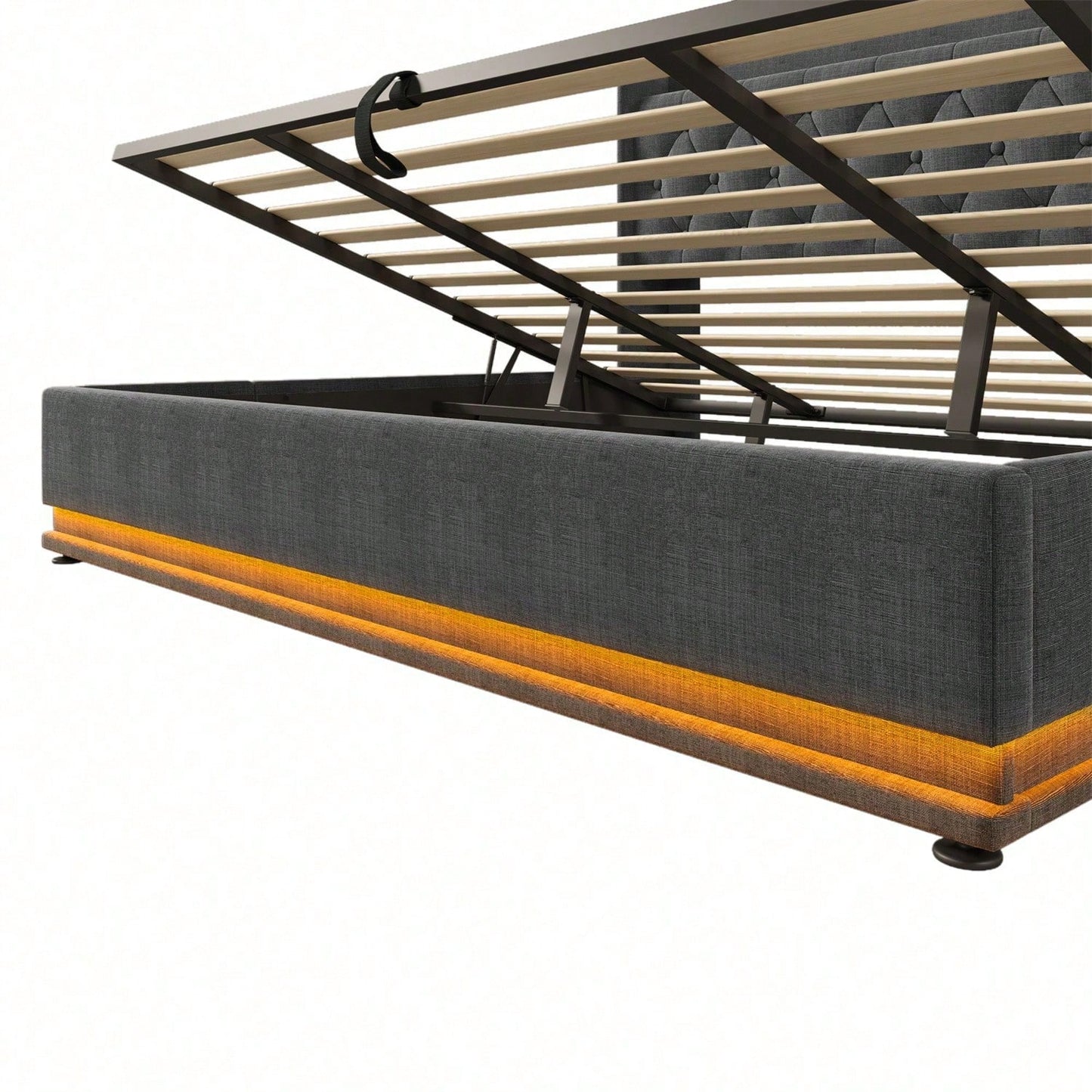 Polsterbett Doppelbett, 360-Surround-LED-Funktion, Drucktaste/App/Fernbedienung,180*200 cm,Grau Leinen-Material Hydraulisches Lagerbett, gepolstertes Kopfteil mit USB Typ-C Ladefunktion(Ohne Matratze)