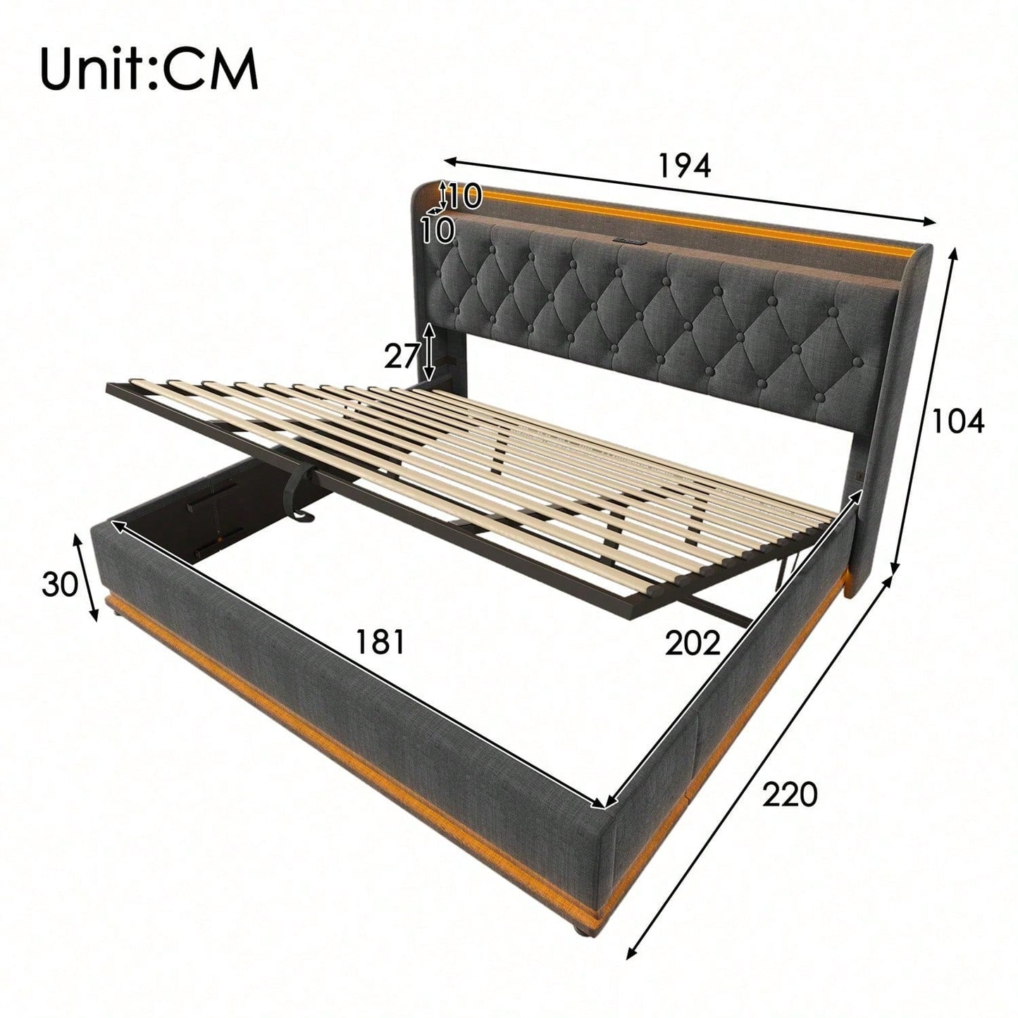 Polsterbett Doppelbett, 360-Surround-LED-Funktion, Drucktaste/App/Fernbedienung,180*200 cm,Grau Leinen-Material Hydraulisches Lagerbett, gepolstertes Kopfteil mit USB Typ-C Ladefunktion(Ohne Matratze)