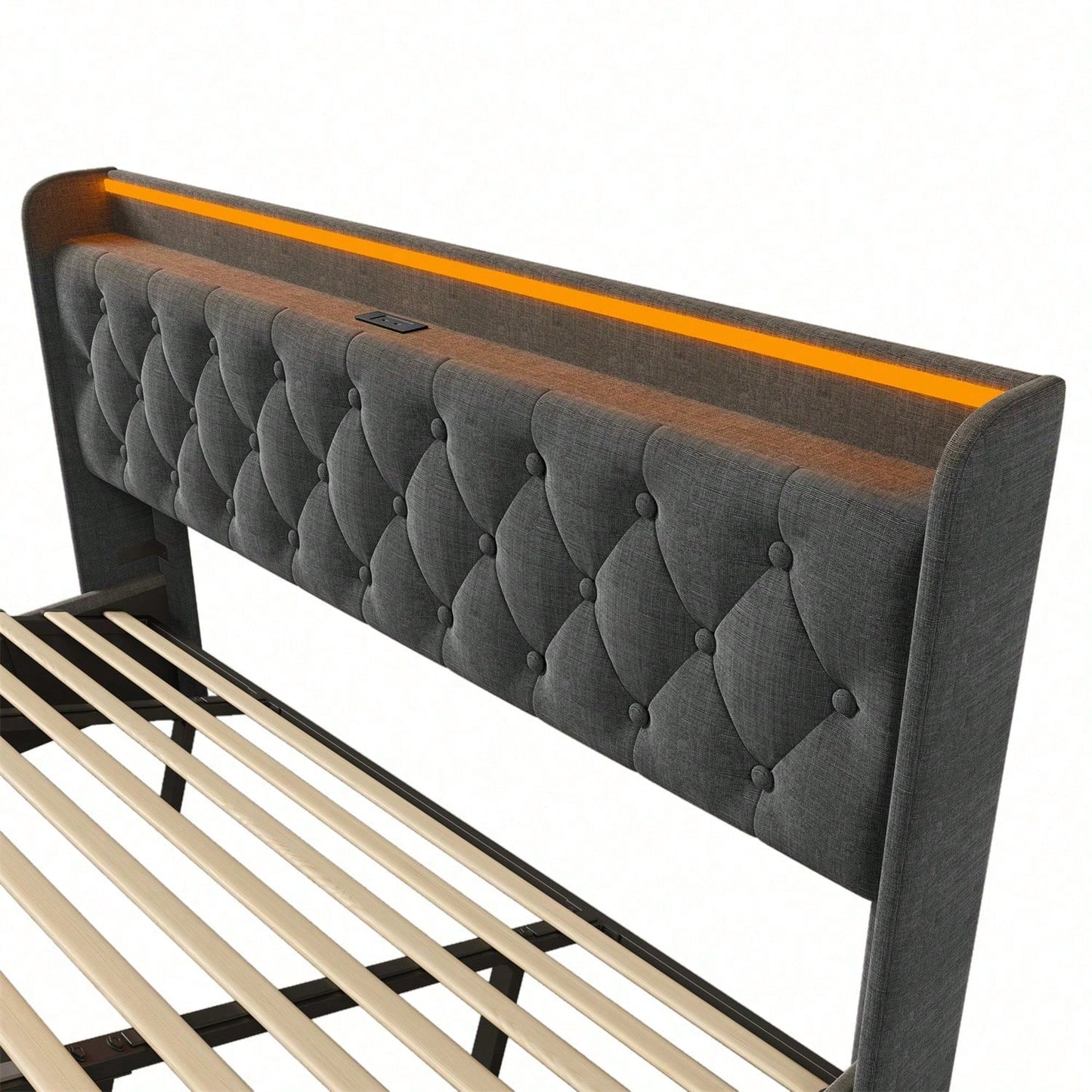 Polsterbett Doppelbett, 360-Surround-LED-Funktion, Drucktaste/App/Fernbedienung,180*200 cm,Grau Leinen-Material Hydraulisches Lagerbett, gepolstertes Kopfteil mit USB Typ-C Ladefunktion(Ohne Matratze)