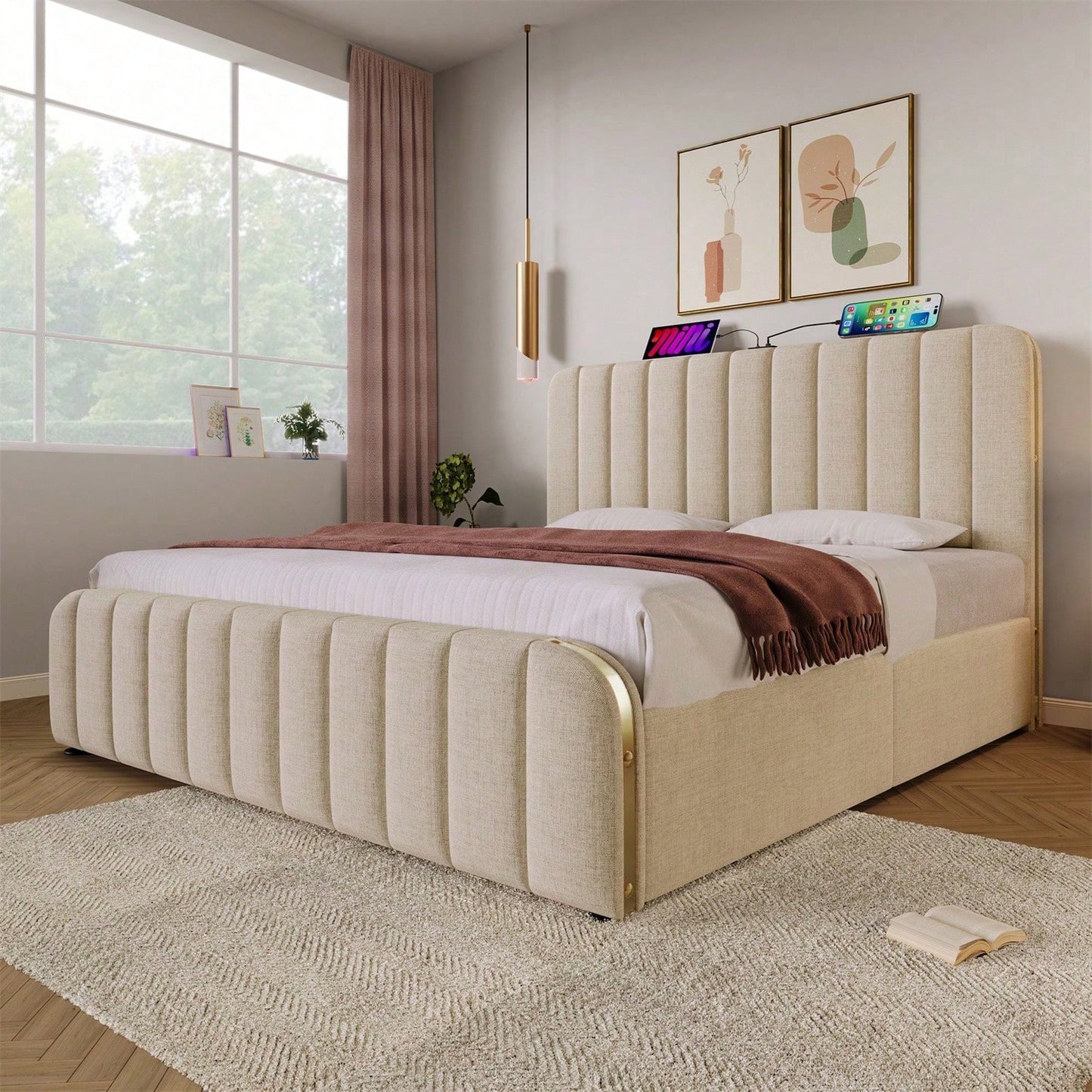 Polsterbett Doppeltes, gepolstertes Kopfteil mit goldenen Zierstreifen und ,USB Typ-C Ladefunktion 180*200 cm, Beige Leinen-Material Hydraulisches Lagerbett,Belastbarkeit 226 kg (Ohne Matratze)