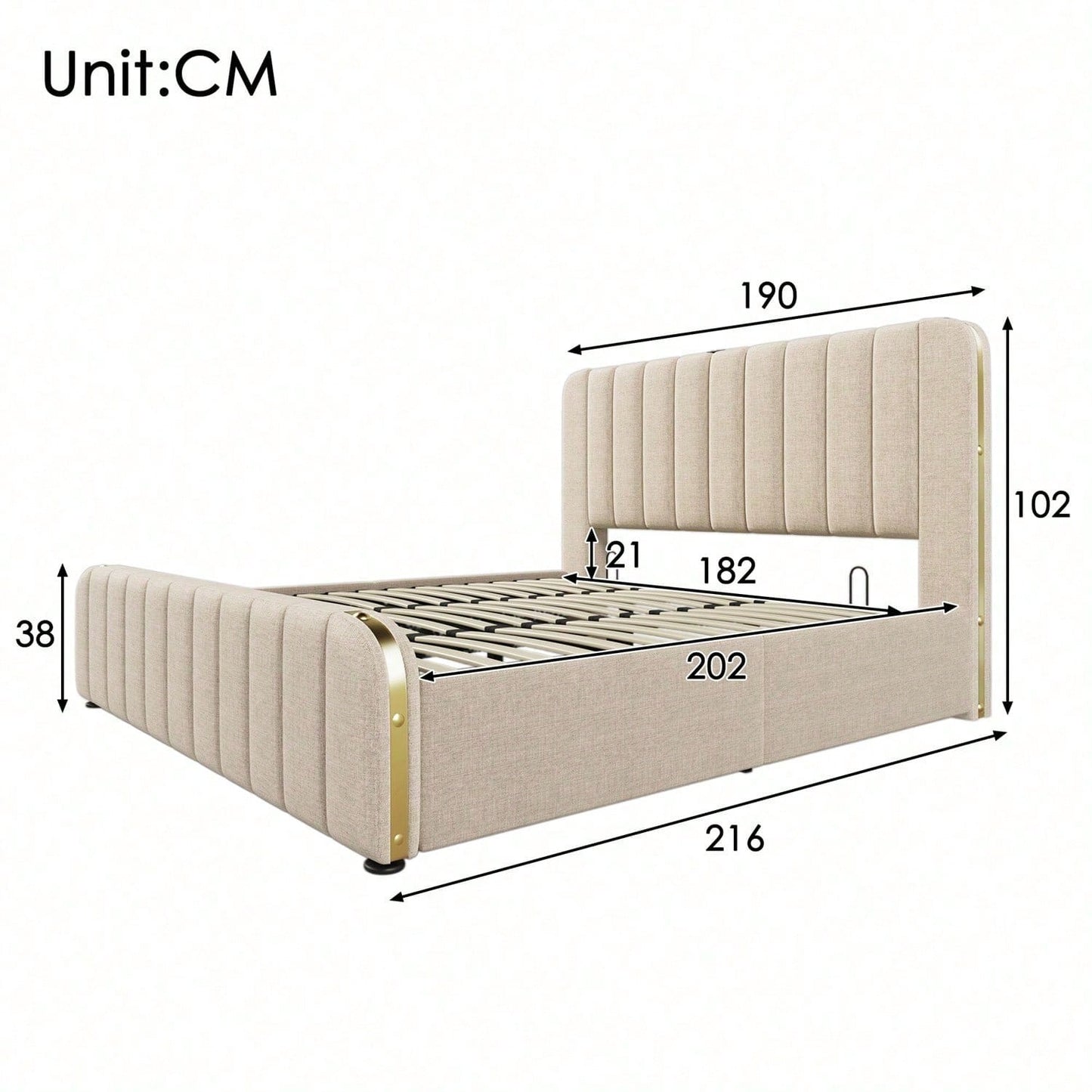 Polsterbett Doppeltes, gepolstertes Kopfteil mit goldenen Zierstreifen und ,USB Typ-C Ladefunktion 180*200 cm, Beige Leinen-Material Hydraulisches Lagerbett,Belastbarkeit 226 kg (Ohne Matratze)