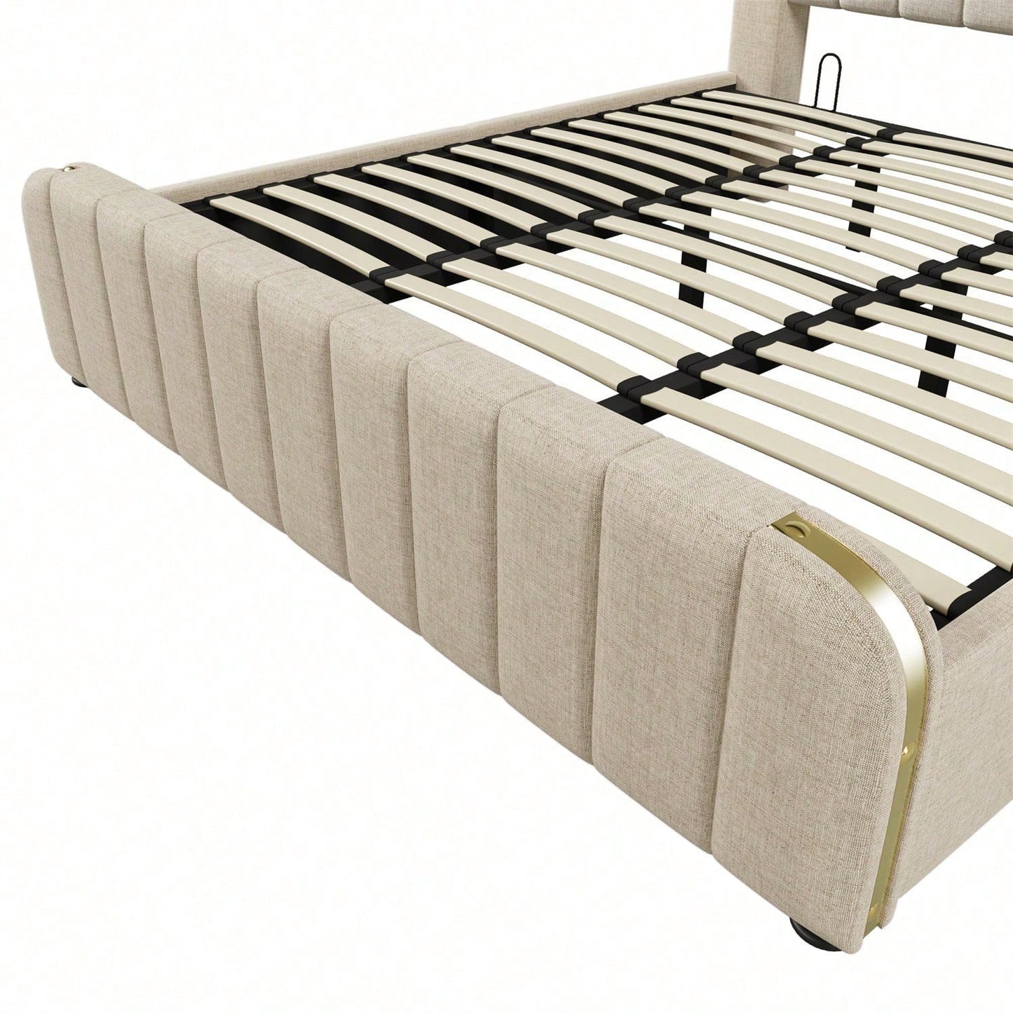 Polsterbett Doppeltes, gepolstertes Kopfteil mit goldenen Zierstreifen und ,USB Typ-C Ladefunktion 180*200 cm, Beige Leinen-Material Hydraulisches Lagerbett,Belastbarkeit 226 kg (Ohne Matratze)
