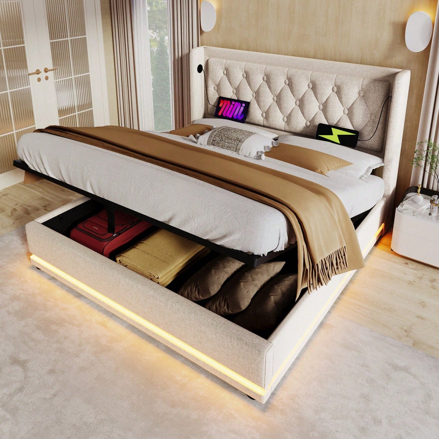 Polsterbett Doppelbett 140*200 cm,Beige Baumwolle-Material Hydraulisches Stauraumbett, gepolstertes Kopfteil mit USB Typ-C Ladefunktion, 3-seitige LED-Funktion(Ohne Matratze)