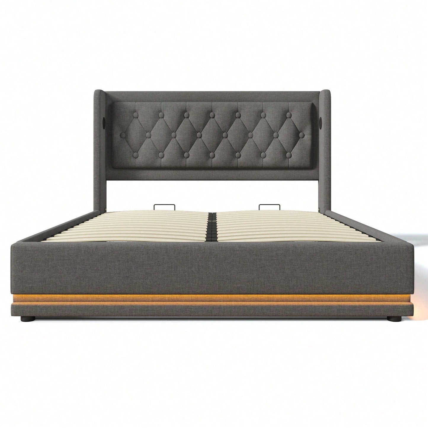 Polsterbett Doppelbett 140*200 cm,Beige Baumwolle-Material Hydraulisches Stauraumbett, gepolstertes Kopfteil mit USB Typ-C Ladefunktion, 3-seitige LED-Funktion(Ohne Matratze)