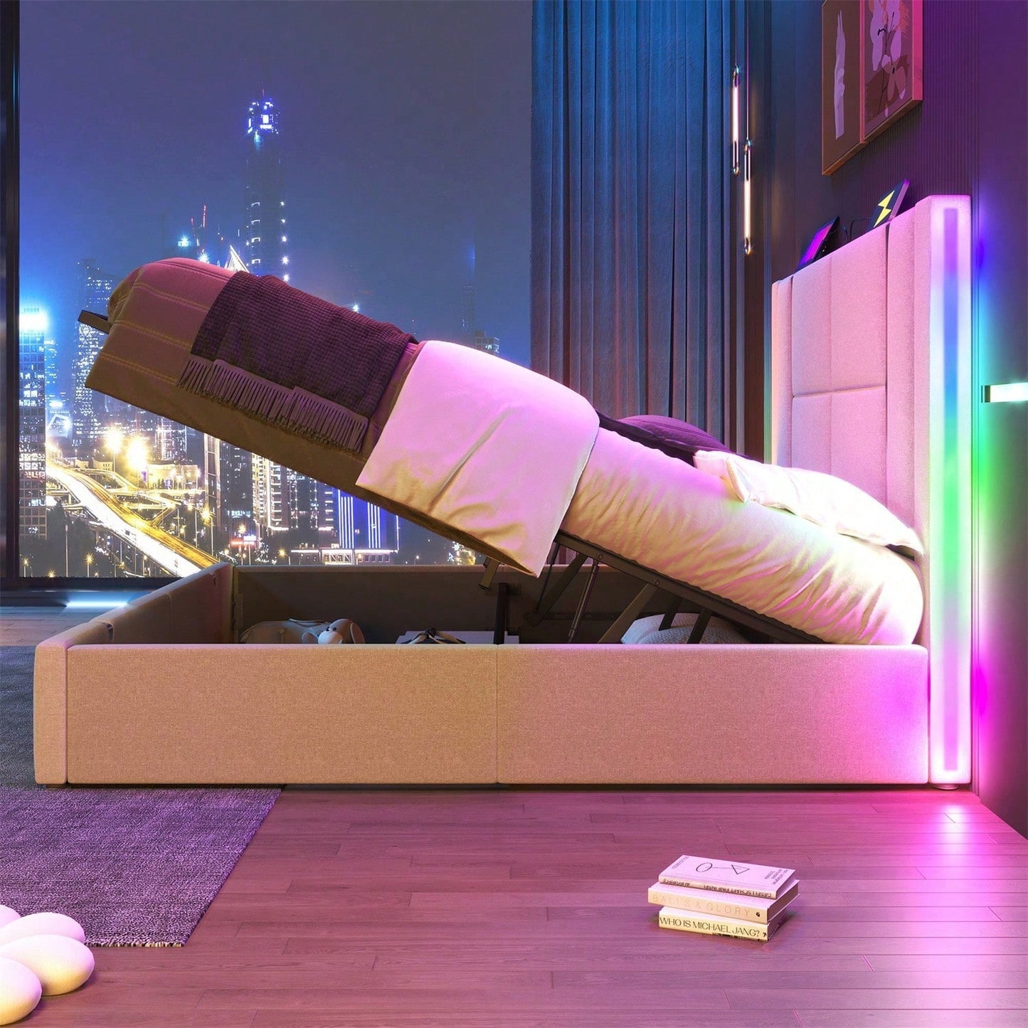 Polsterbett Doppelbett USB Type C Ladefunktion APP-Control LED 160*200 Stauraumbetten Bettgestell, Lattenrost aus Holz,Beige Leinenmaterial