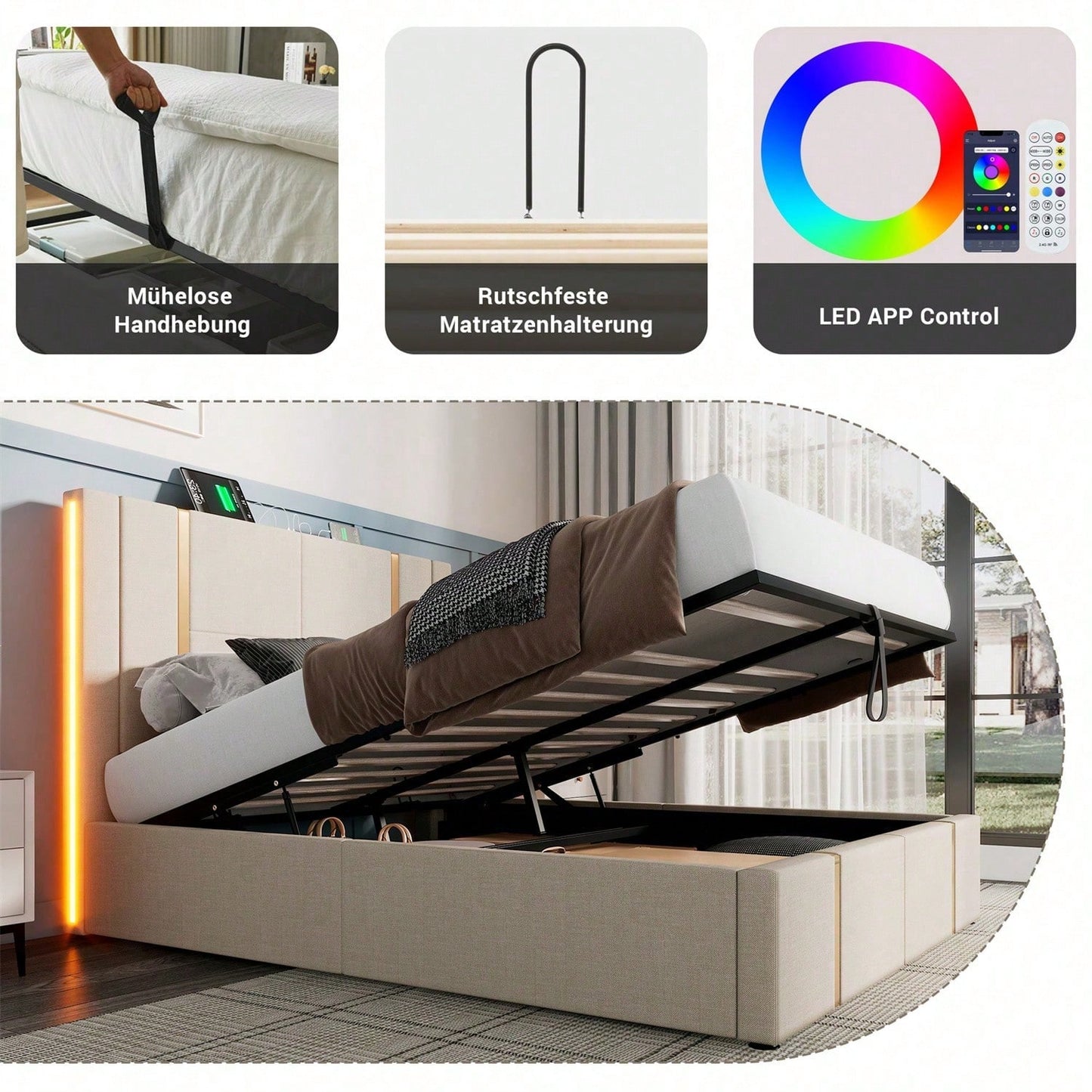 Polsterbett Doppelbett USB Type C Ladefunktion APP-Control LED 160*200 Stauraumbetten Bettgestell, Lattenrost aus Holz,Beige Leinenmaterial