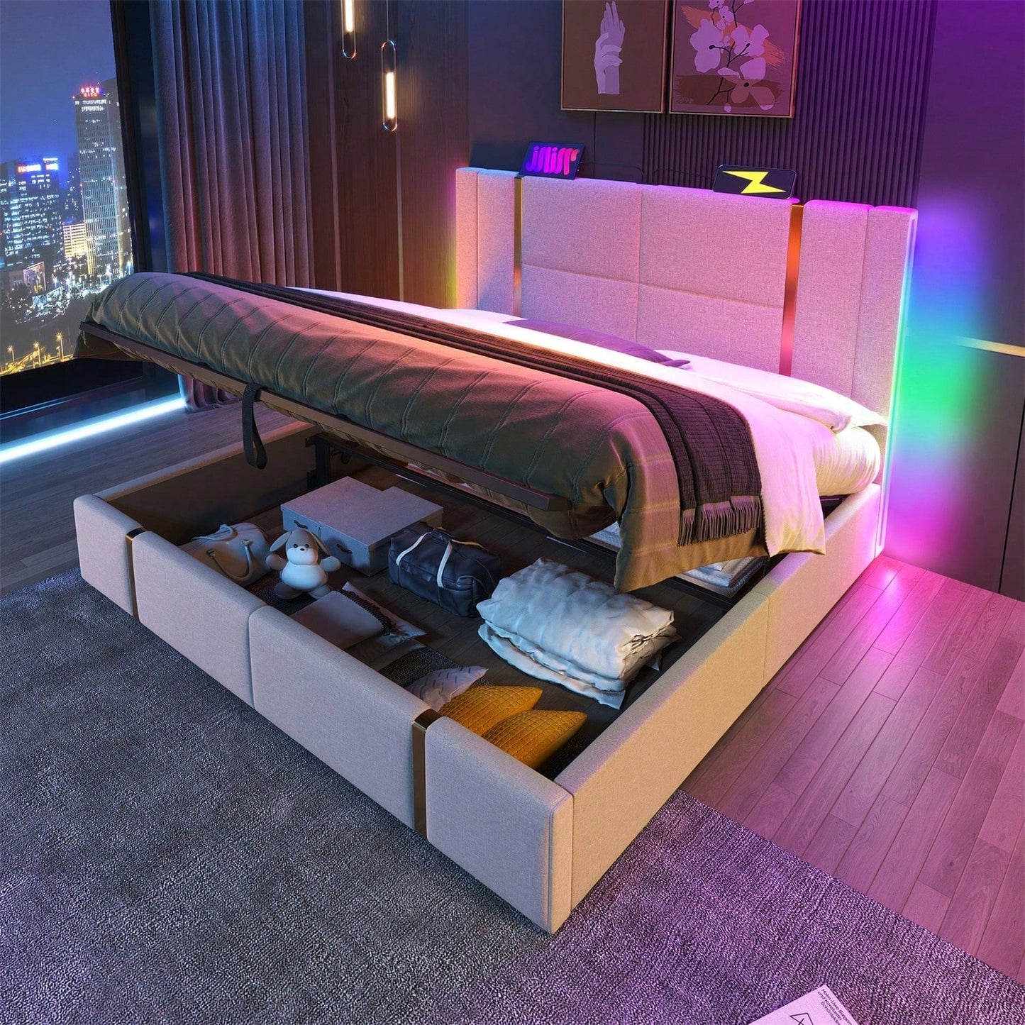 Polsterbett Doppelbett USB Type C Ladefunktion APP-Control LED 160*200 Stauraumbetten Bettgestell, Lattenrost aus Holz,Beige Leinenmaterial