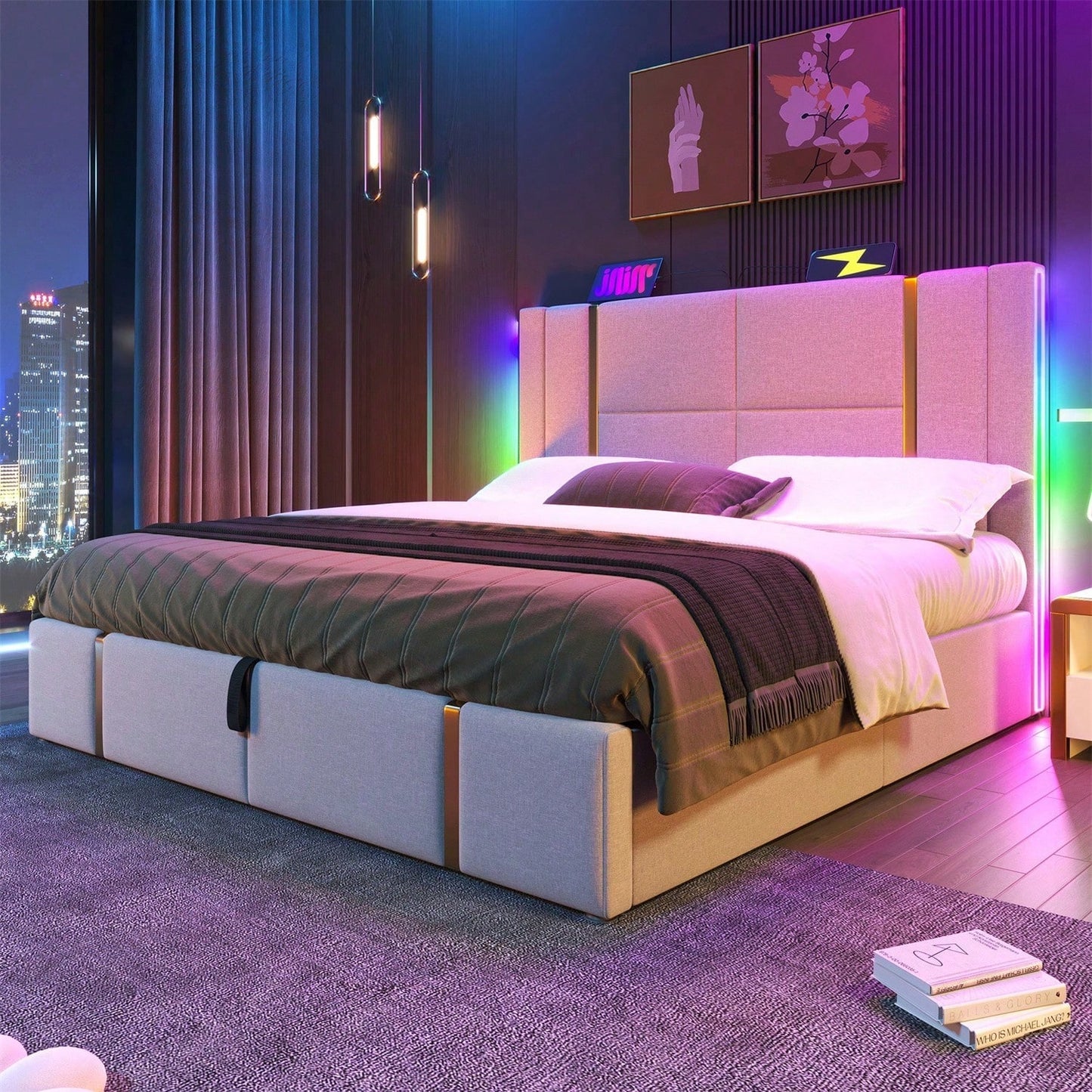 Polsterbett Doppelbett USB Type C Ladefunktion APP-Control LED 160*200 Stauraumbetten Bettgestell, Lattenrost aus Holz,Beige Leinenmaterial