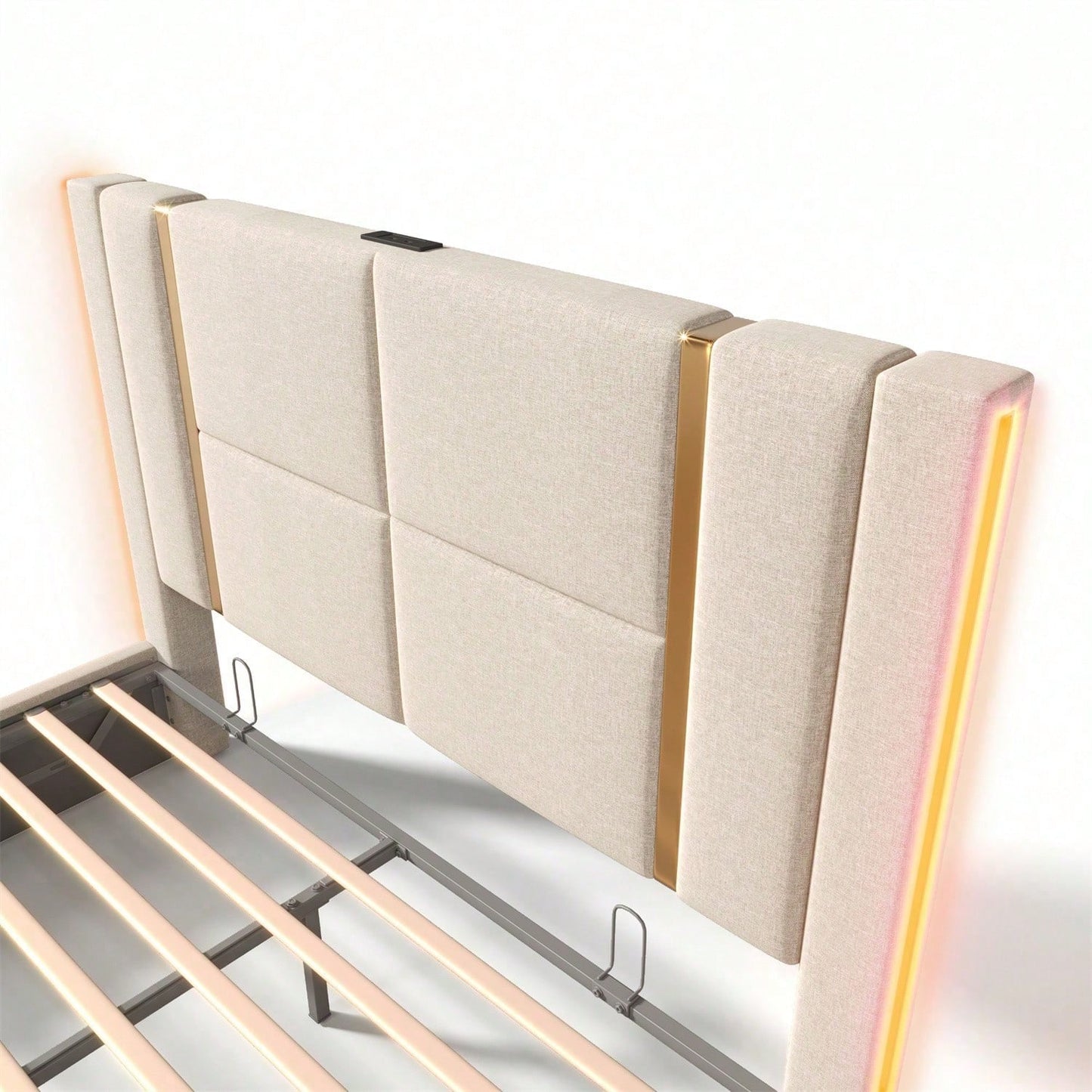 Polsterbett Doppelbett USB Type C Ladefunktion APP-Control LED 160*200 Stauraumbetten Bettgestell, Lattenrost aus Holz,Beige Leinenmaterial