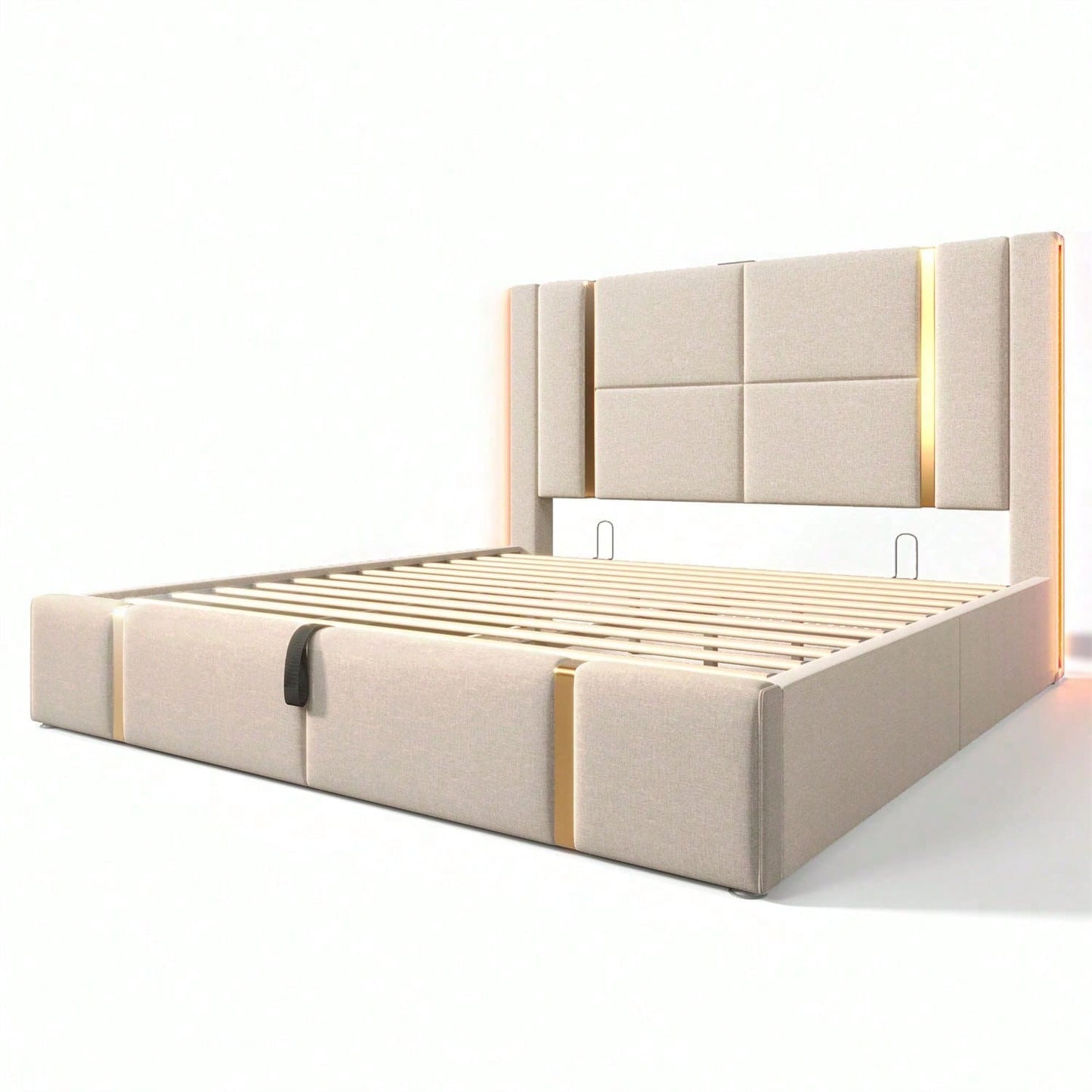 Polsterbett Doppelbett USB Type C Ladefunktion APP-Control LED 160*200 Stauraumbetten Bettgestell, Lattenrost aus Holz,Beige Leinenmaterial