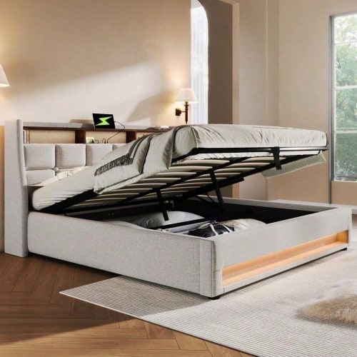Polsterbett mit USB 160x200cm,LED Doppelbett mit Lattenrost aus Metallrahmen,Bettgestell aus Leinenmaterial Jugendbett