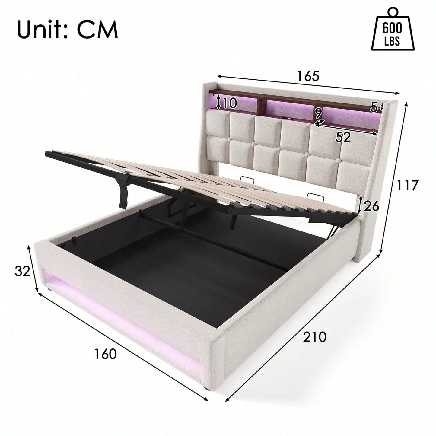 Polsterbett mit USB 160x200cm,LED Doppelbett mit Lattenrost aus Metallrahmen,Bettgestell aus Leinenmaterial Jugendbett