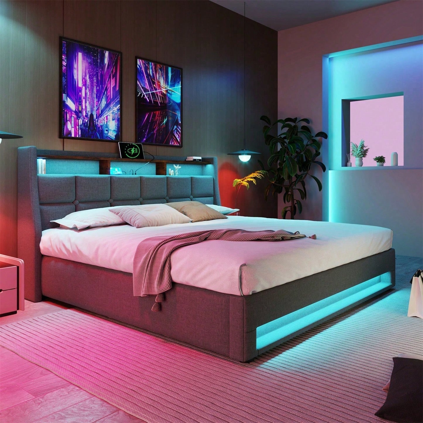 Polsterbett mit USB 160x200cm,LED Doppelbett mit Lattenrost aus Metallrahmen,Bettgestell aus Leinenmaterial Jugendbett