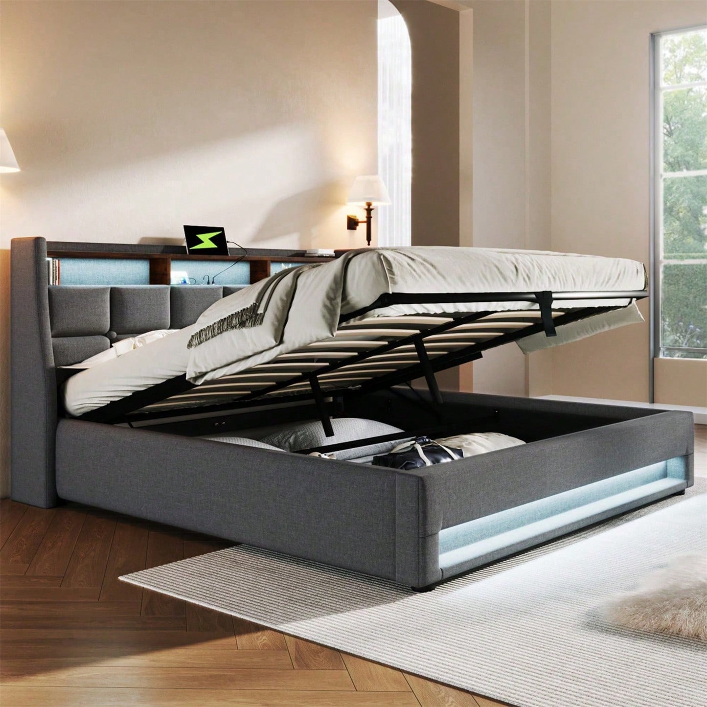 Polsterbett mit USB 160x200cm,LED Doppelbett mit Lattenrost aus Metallrahmen,Bettgestell aus Leinenmaterial Jugendbett