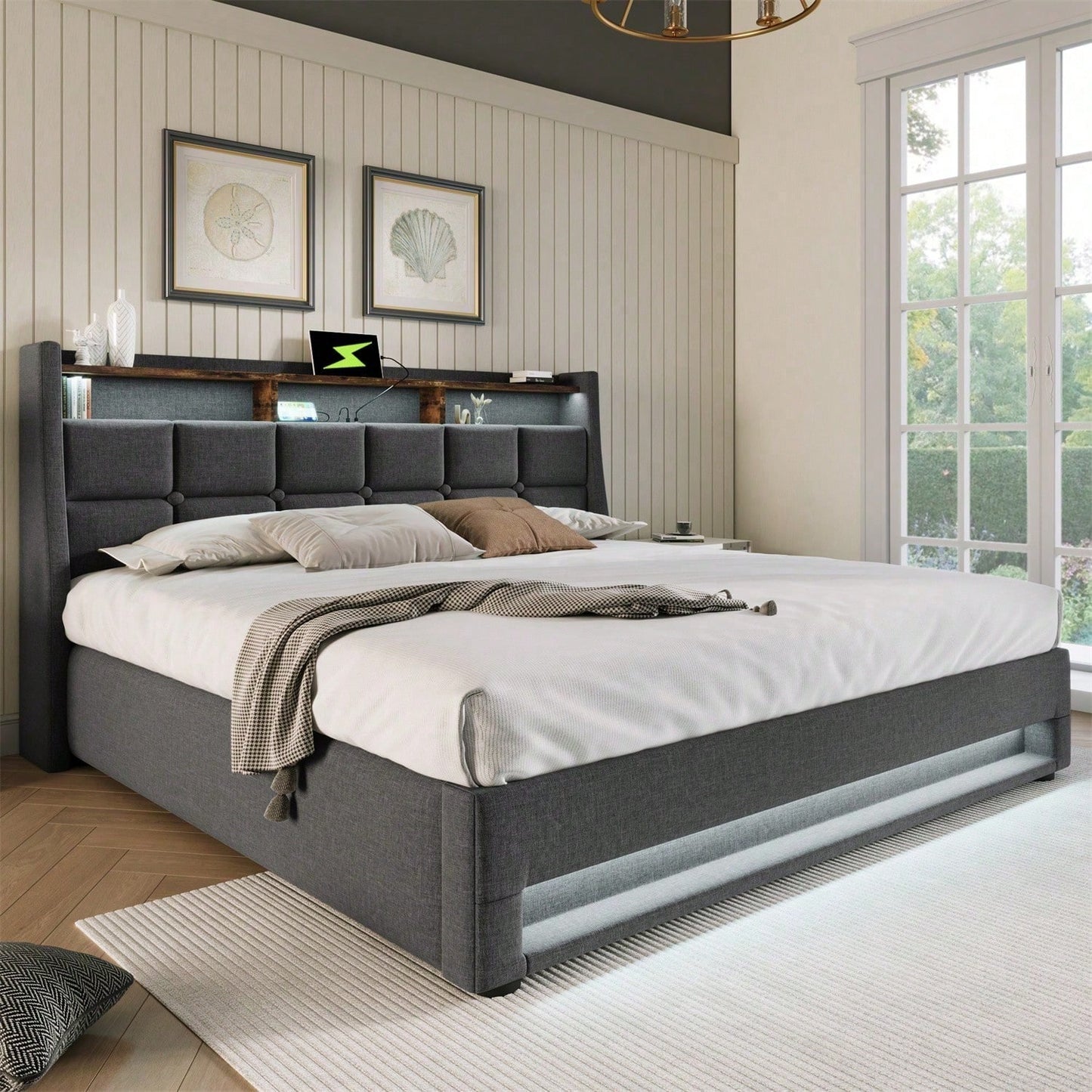 Polsterbett mit USB 160x200cm,LED Doppelbett mit Lattenrost aus Metallrahmen,Bettgestell aus Leinenmaterial Jugendbett