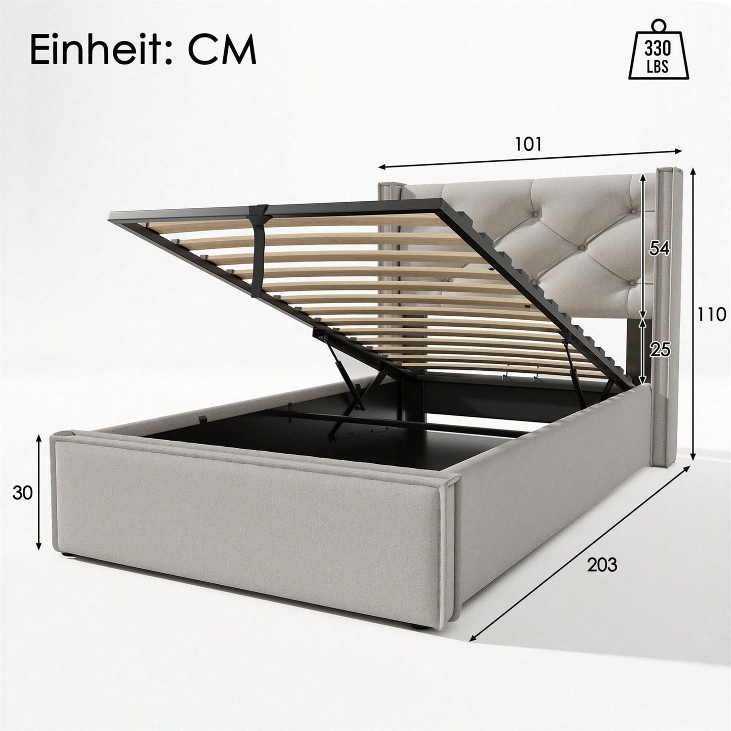 Hydraulisch Einzelbett Polsterbett 90x200cm,Bett mit Lattenrost aus Metallrahmen, Modernes Bettgestell mit Stauraum, Baumwolle, HellGrau