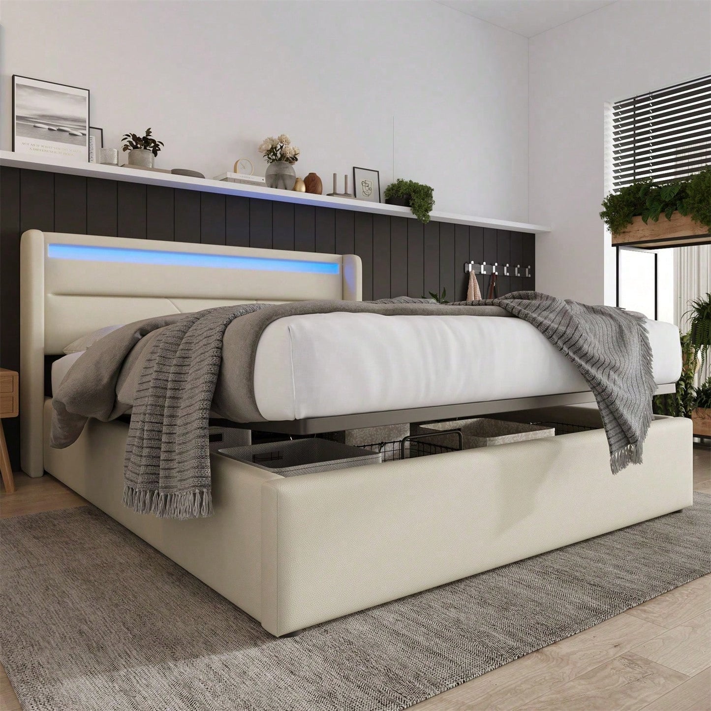 Hydraulisch Stauraumbett mit LED-Beleuchtungsleiste, Doppelbett Bettgestell Polsterbett 140x200cm, Funktionsbett, Weiß