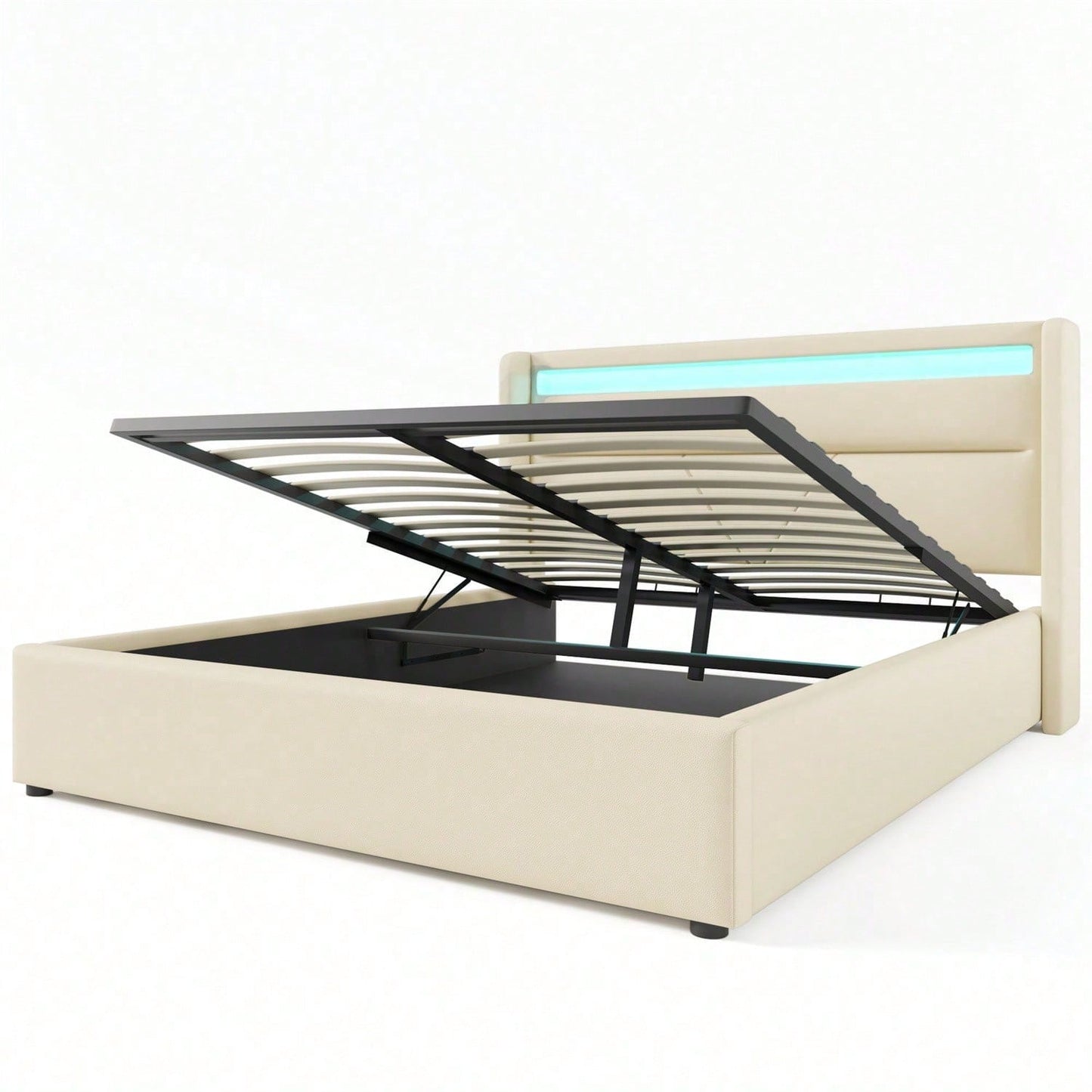 Hydraulisch Stauraumbett mit LED-Beleuchtungsleiste, Doppelbett Bettgestell Polsterbett 140x200cm, Funktionsbett, Weiß