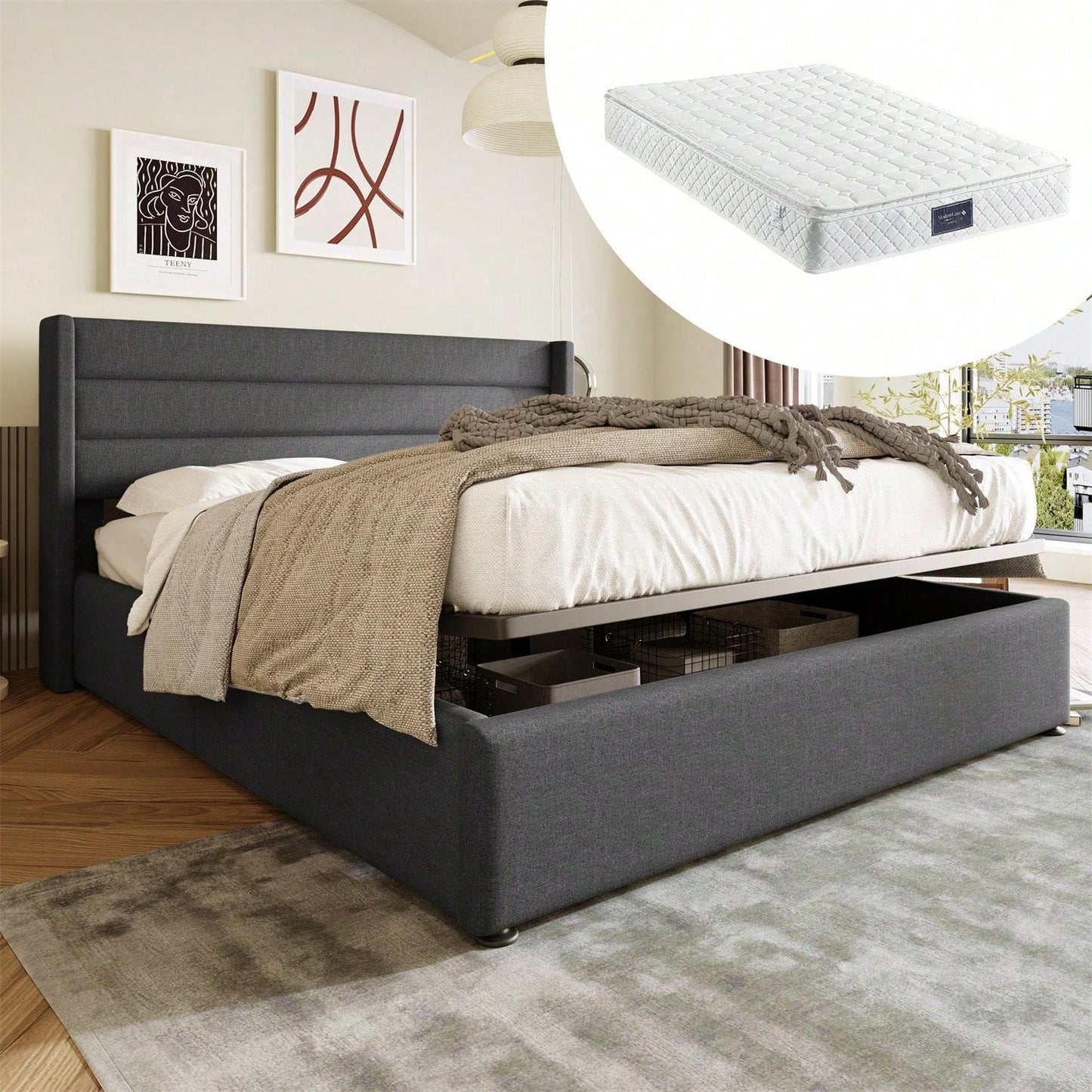 Stauraumbett Polsterbett Hydraulisch Doppelbett 140x200cm, Inklusive Matratze, Lattenrost aus Holz, Bett mit Lattenrost aus Metallrahmen, Leinen, Grau
