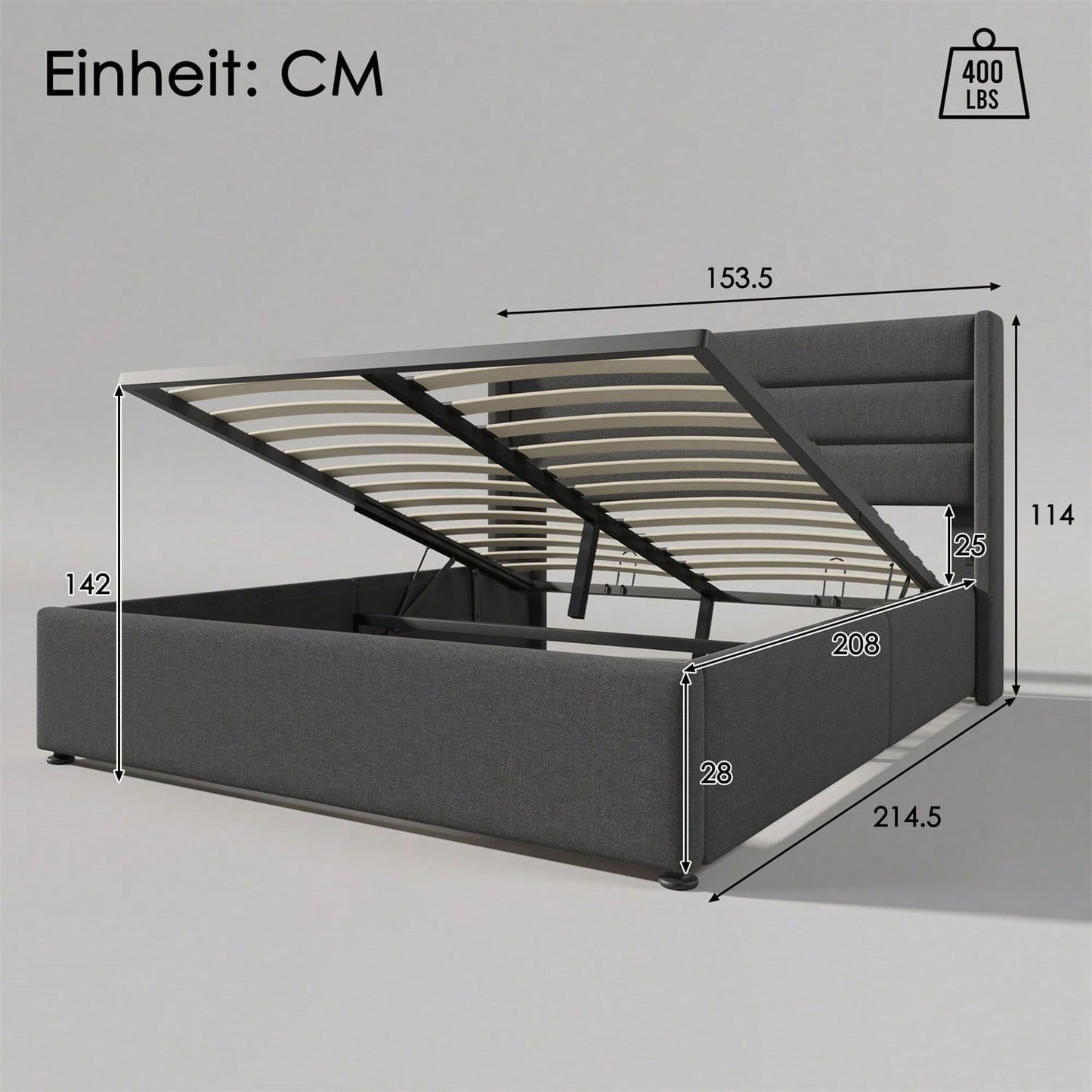 Stauraumbett Polsterbett Hydraulisch Doppelbett 140x200cm, Inklusive Matratze, Lattenrost aus Holz, Bett mit Lattenrost aus Metallrahmen, Leinen, Grau