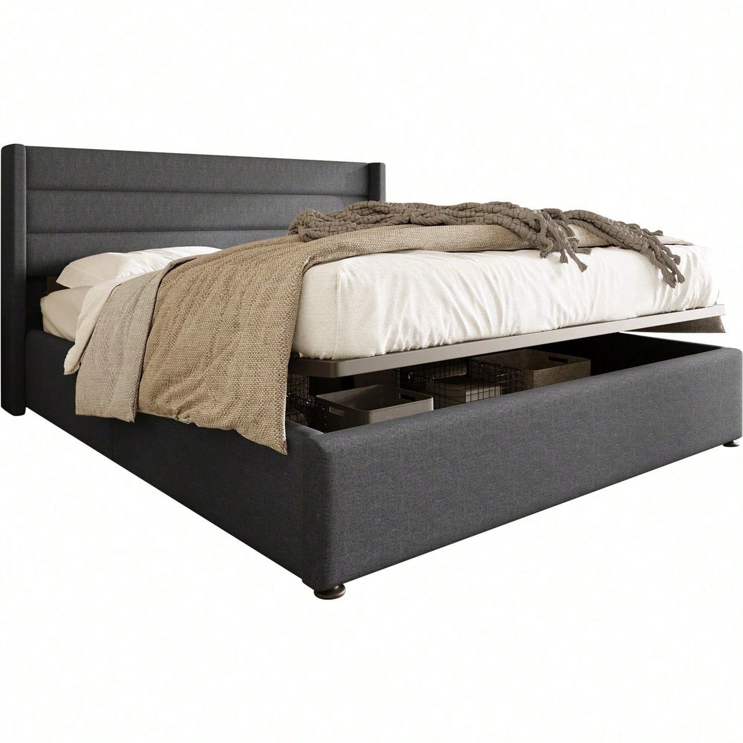 Stauraumbett Polsterbett Hydraulisch Doppelbett 140x200cm, Inklusive Matratze, Lattenrost aus Holz, Bett mit Lattenrost aus Metallrahmen, Leinen, Grau
