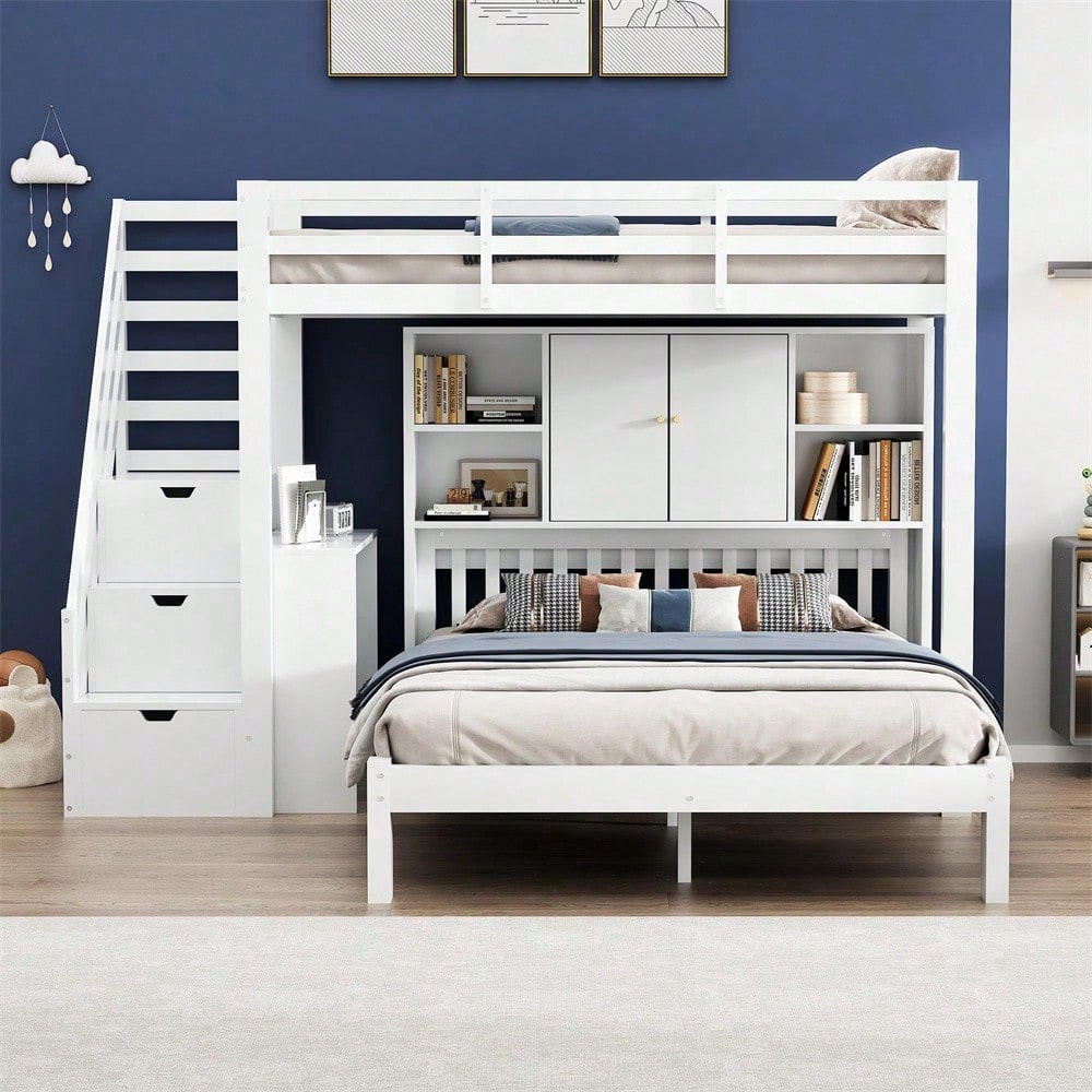 Etagenbett mit Lagerregal, 90*200cm+140*200cm,Multifunktionales Kinderbett, Kinderetagenbett, Mit Aufbewahrungstreppe und Beweglicher Beistelltisch, Großer Stauraum,Weiß