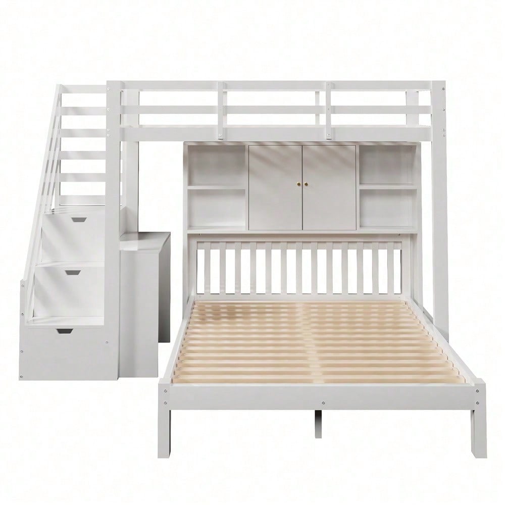 Etagenbett mit Lagerregal, 90*200cm+140*200cm,Multifunktionales Kinderbett, Kinderetagenbett, Mit Aufbewahrungstreppe und Beweglicher Beistelltisch, Großer Stauraum,Weiß