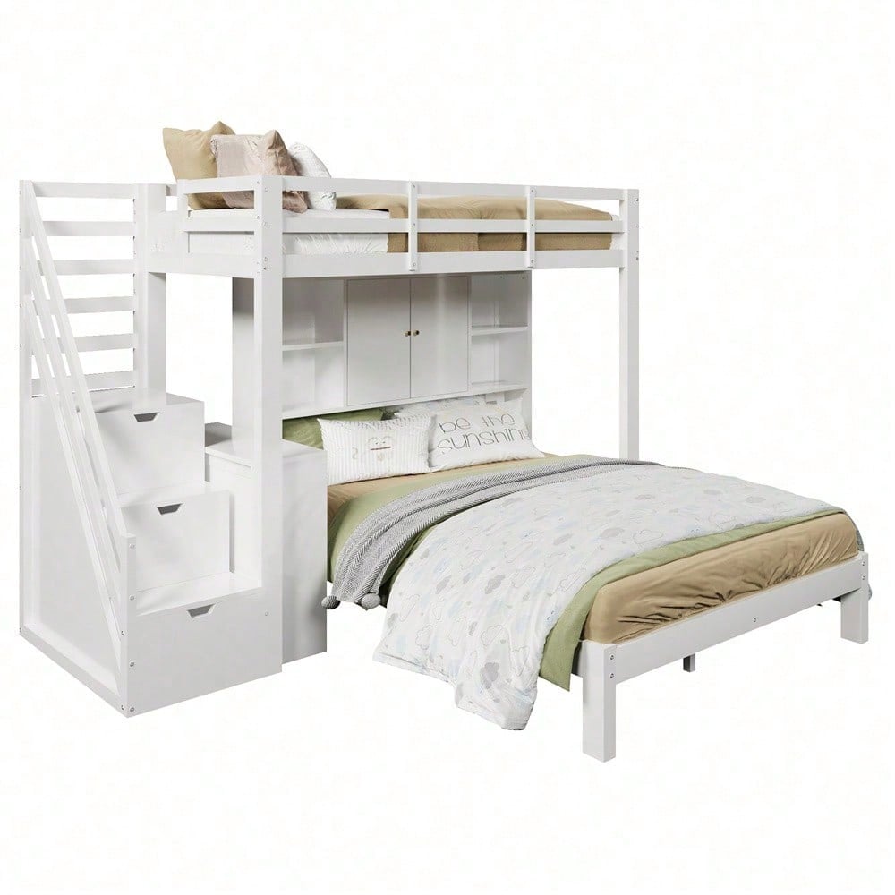 Etagenbett mit Lagerregal, 90*200cm+140*200cm,Multifunktionales Kinderbett, Kinderetagenbett, Mit Aufbewahrungstreppe und Beweglicher Beistelltisch, Großer Stauraum,Weiß