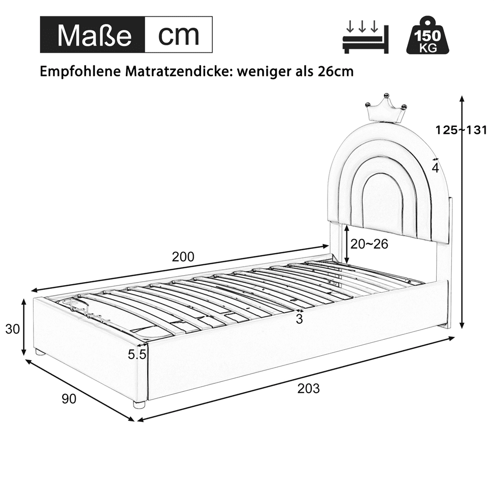 Polsterbett 90*200,Hydraulikbett,mit Lattenrost und Kopfteil, Jugendbett, Holzlattenunterstützung, Einfache Montage, höhenverstellbares Kopfteil, PU,Rosa