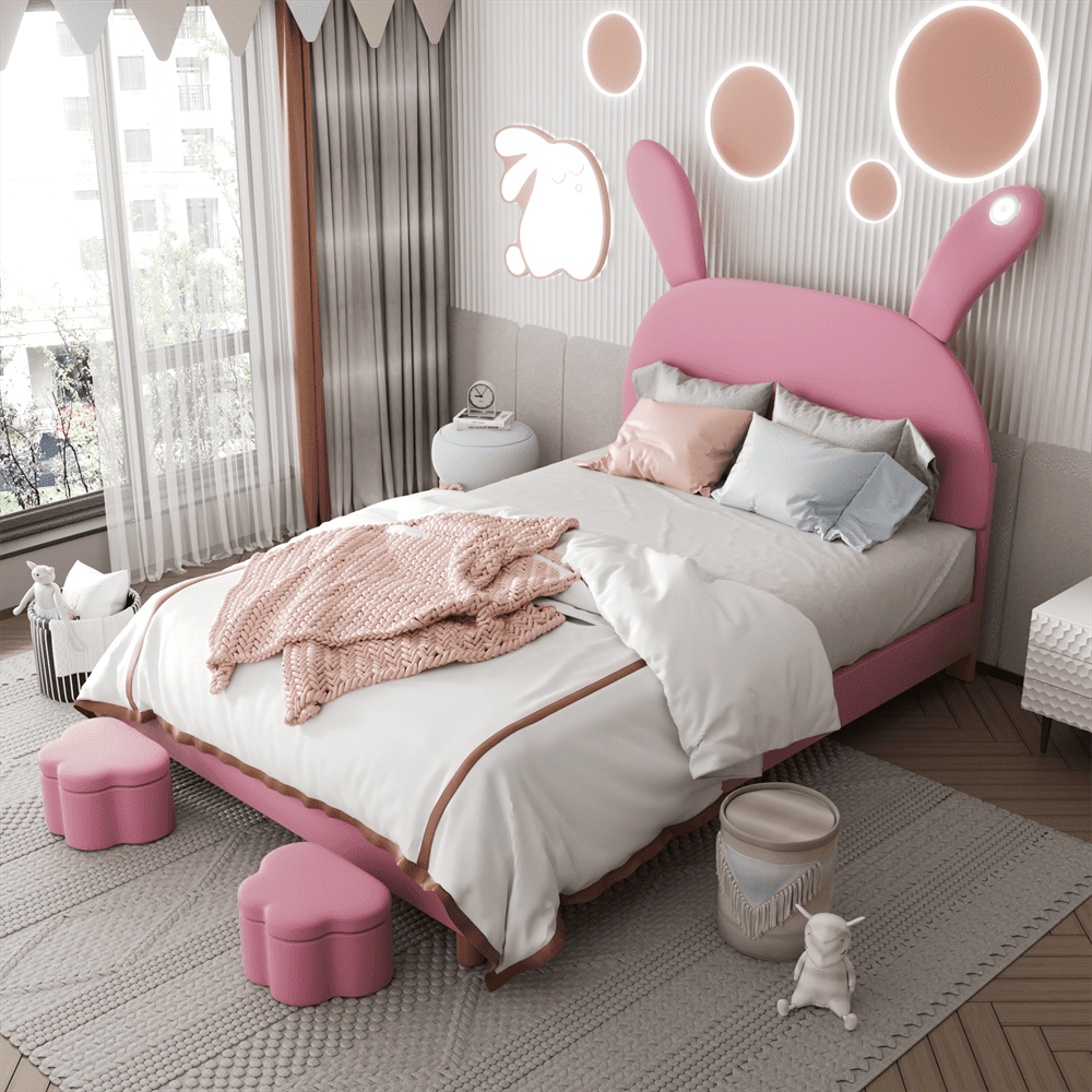 Polsterbett 140x200, mit zwei Aufbewahrungshockern, LED-Nachttischbeleuchtung, ausklappbare Hasenohren, ohne Matratze, Jugendbett, Lattenrost, höhenverstellbares Kopfteil, französischer Samt, rosa
