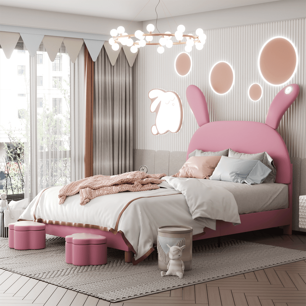 Polsterbett 140x200, mit zwei Aufbewahrungshockern, LED-Nachttischbeleuchtung, ausklappbare Hasenohren, ohne Matratze, Jugendbett, Lattenrost, höhenverstellbares Kopfteil, französischer Samt, rosa
