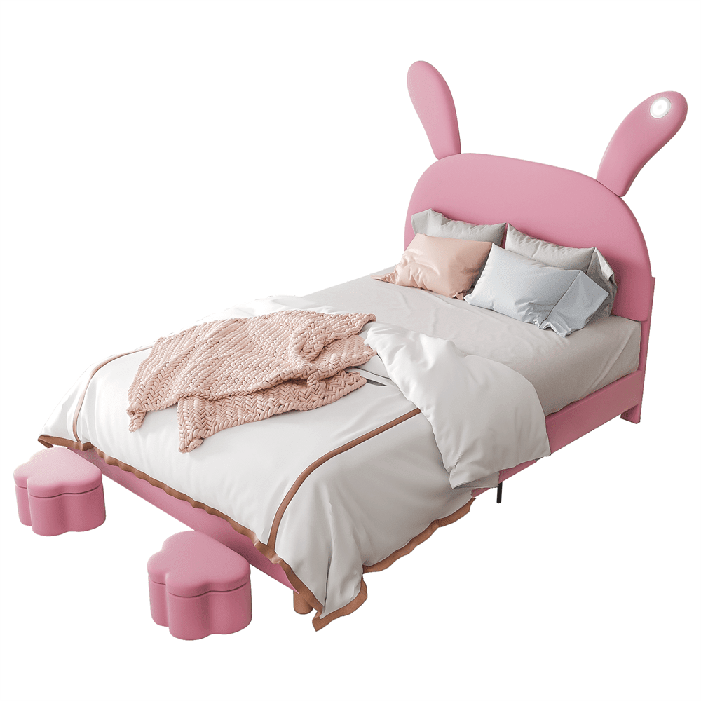 Polsterbett 140x200, mit zwei Aufbewahrungshockern, LED-Nachttischbeleuchtung, ausklappbare Hasenohren, ohne Matratze, Jugendbett, Lattenrost, höhenverstellbares Kopfteil, französischer Samt, rosa