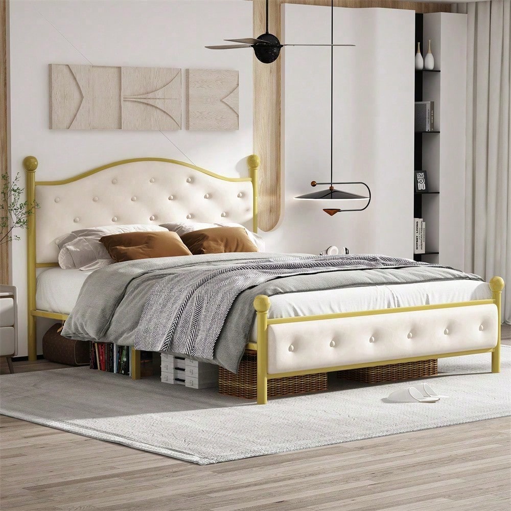 Modern Metallbett, Bettgestelle mit Lattenrost, Doppelbett, Bettrahmen mit Kopfteil, Gästebett, Jugendbett für Schlafzimmer, Gästezimmer, 140x200 cm, golden