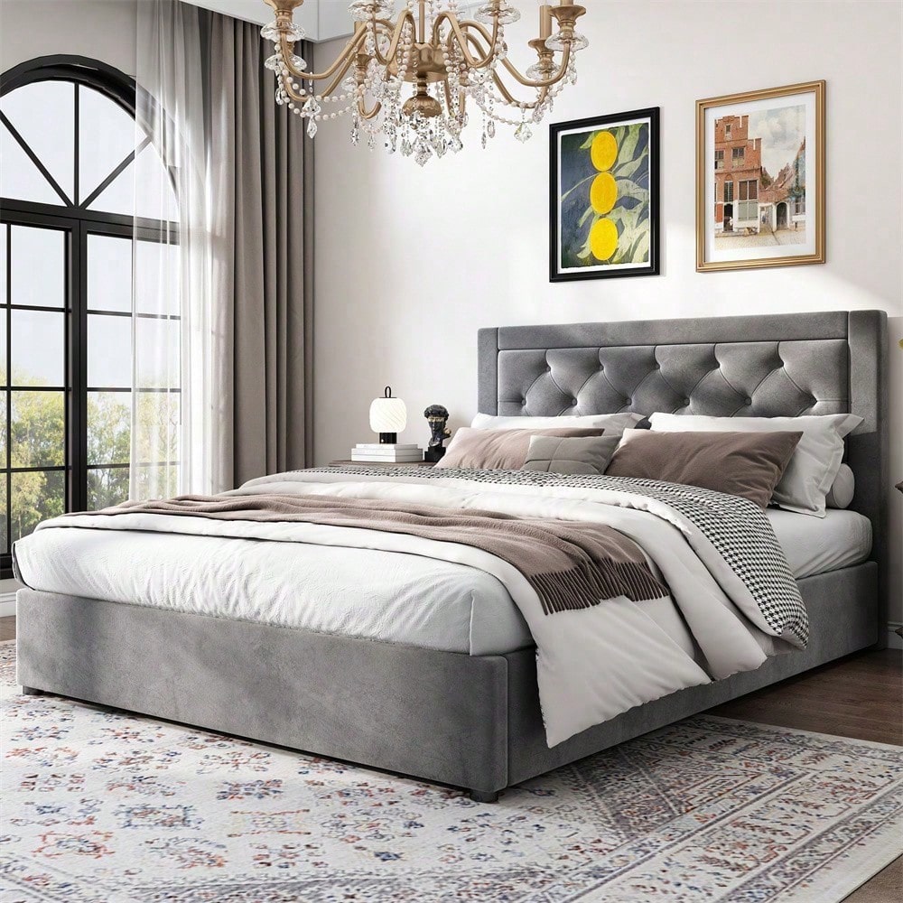 Polsterbett,Stauraumbett mit linker und rechter abhebbarer Bettkasten,Chesterfield-Stil,Schaumstoffgefülltes Kopfteil,Doppelbett aus Stahlrahmen,Samt,140*200cm,grau