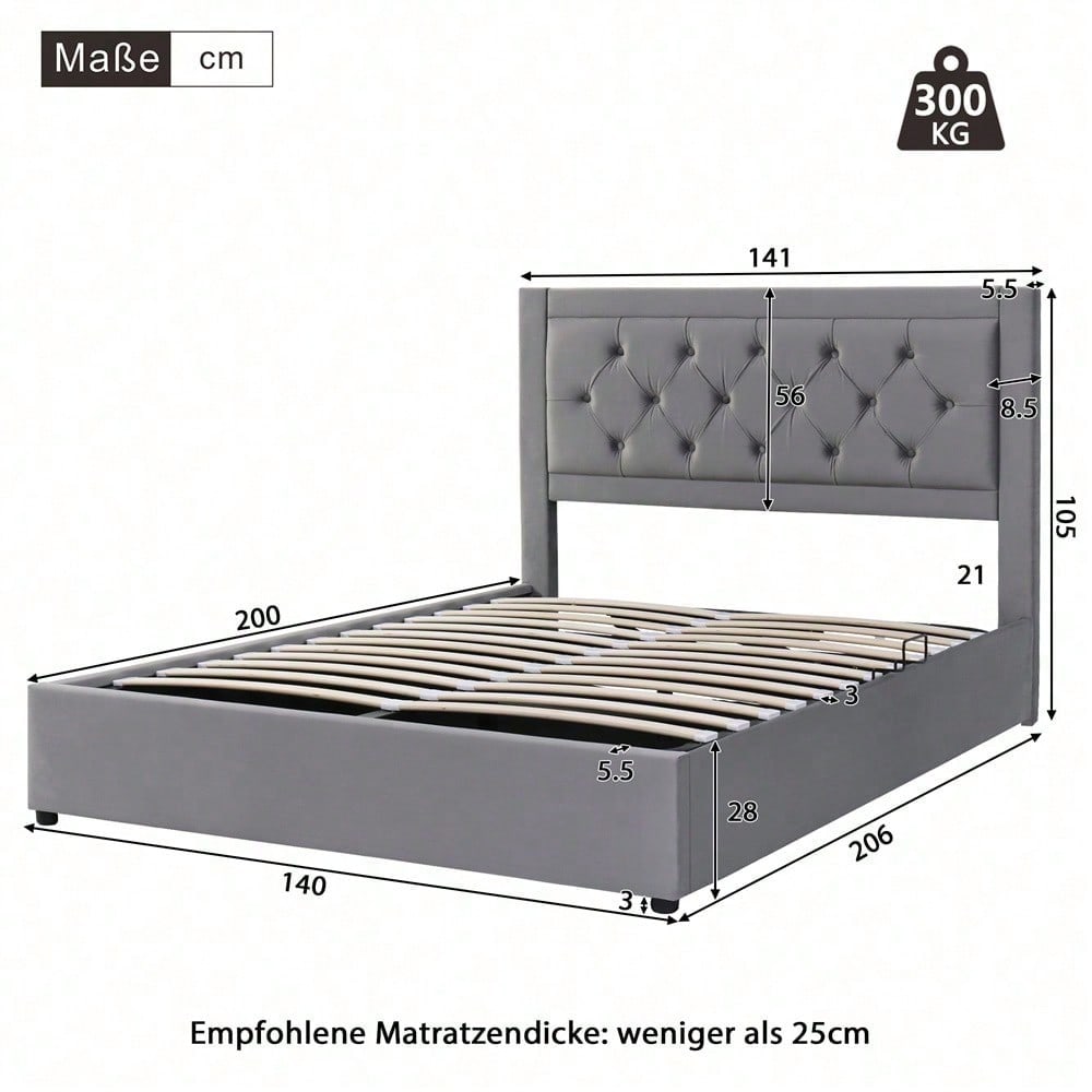Polsterbett,Stauraumbett mit linker und rechter abhebbarer Bettkasten,Chesterfield-Stil,Schaumstoffgefülltes Kopfteil,Doppelbett aus Stahlrahmen,Samt,140*200cm,grau