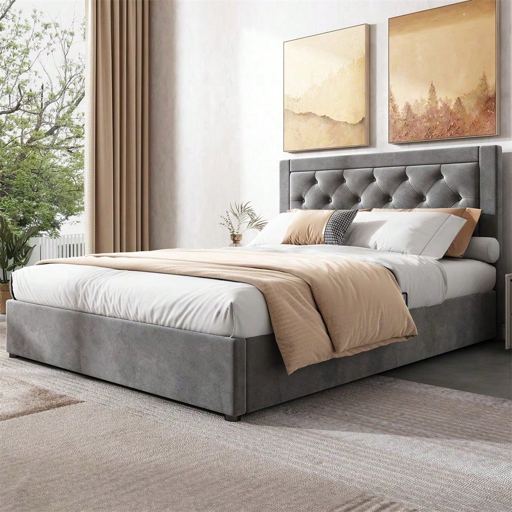 Polsterbett,Stauraumbett mit linker und rechter abhebbarer Bettkasten,Chesterfield-Stil,Schaumstoffgefülltes Kopfteil,Doppelbett aus Stahlrahmen,Samt,140*200cm,grau