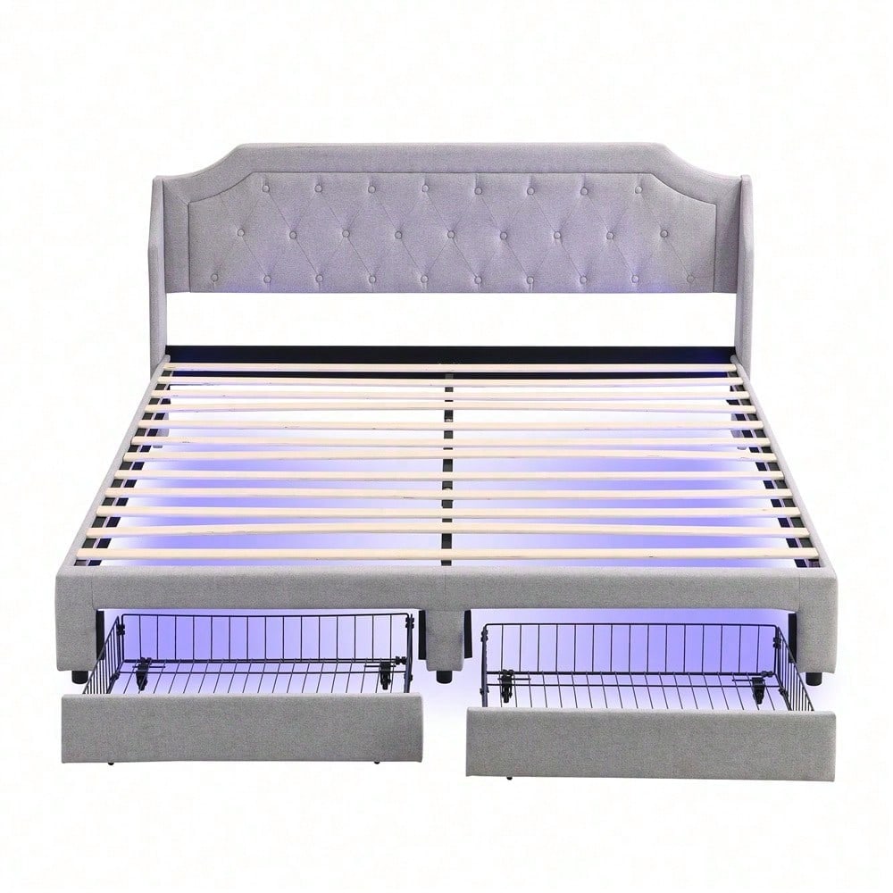 Polsterbett 180*200 mit Lattenrost und Kopfteil, mit 2 Schubladen, LED-Bett, Jugendbett, für Erwachsene & Jugendliche, Holzlattenunterstützung, Einfache Montage, Leinen, grau